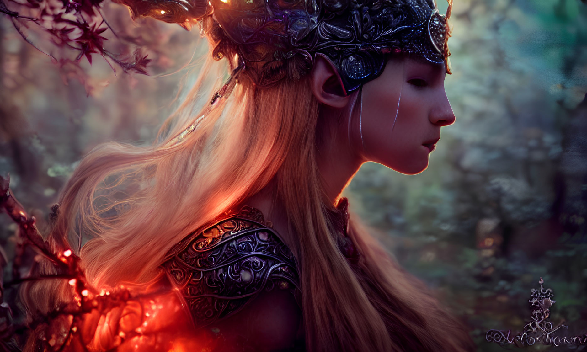 Blond woman in ornate metal armor in mystical forest