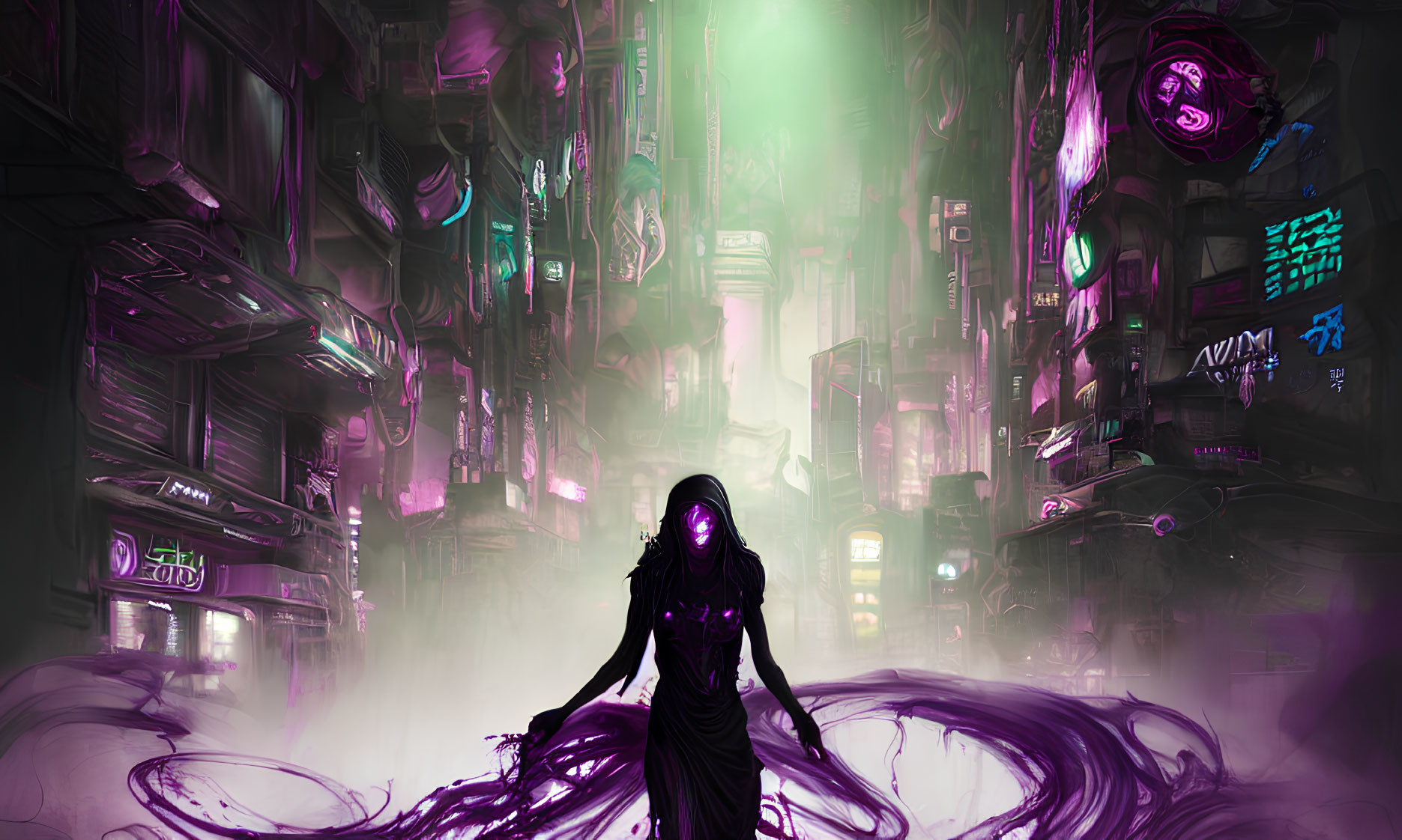 Cloaked figure in neon-lit cyberpunk cityscape with dark energy hands