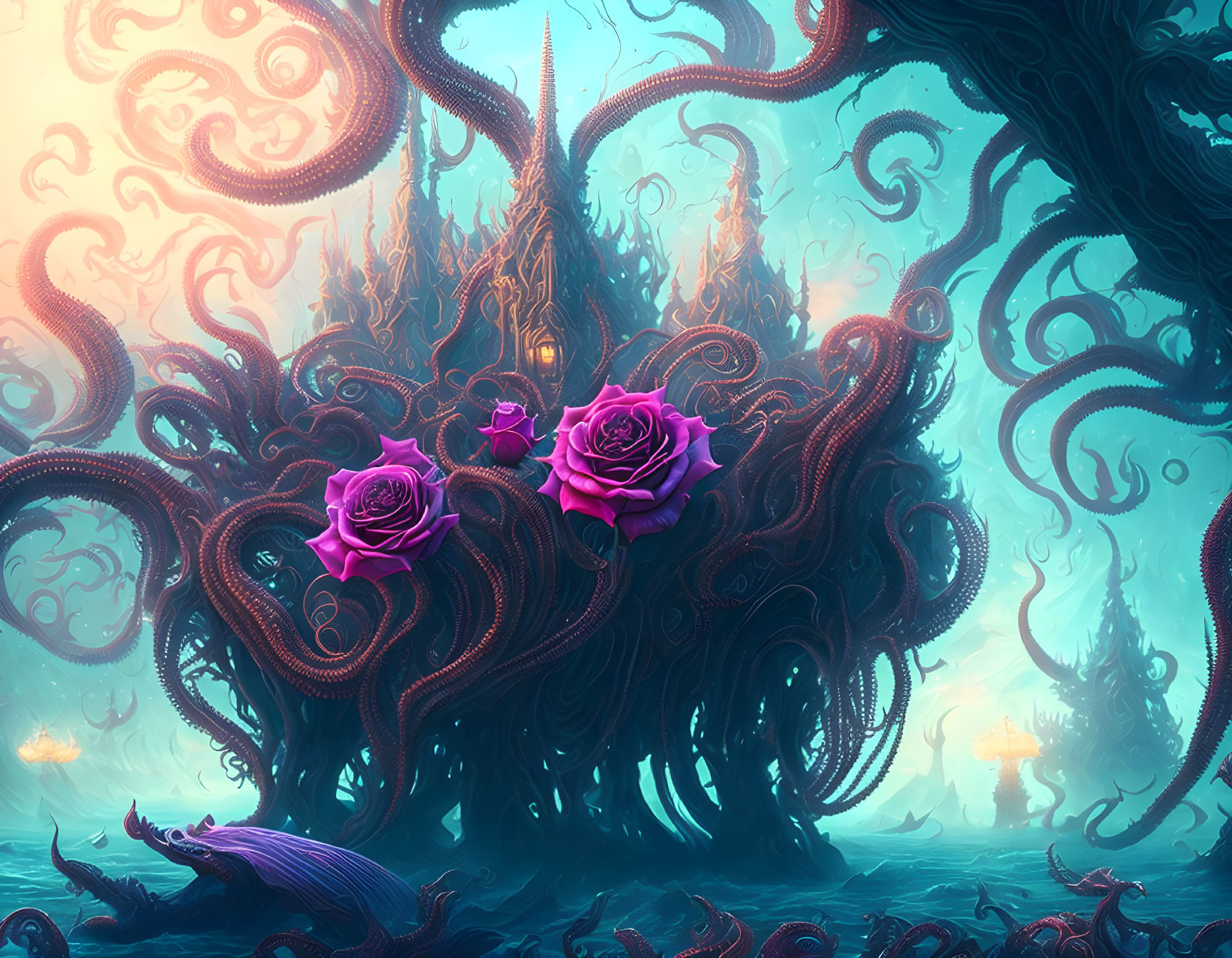 Fantastical scene: large tree, purple roses, twisting tentacles, mystical teal sky