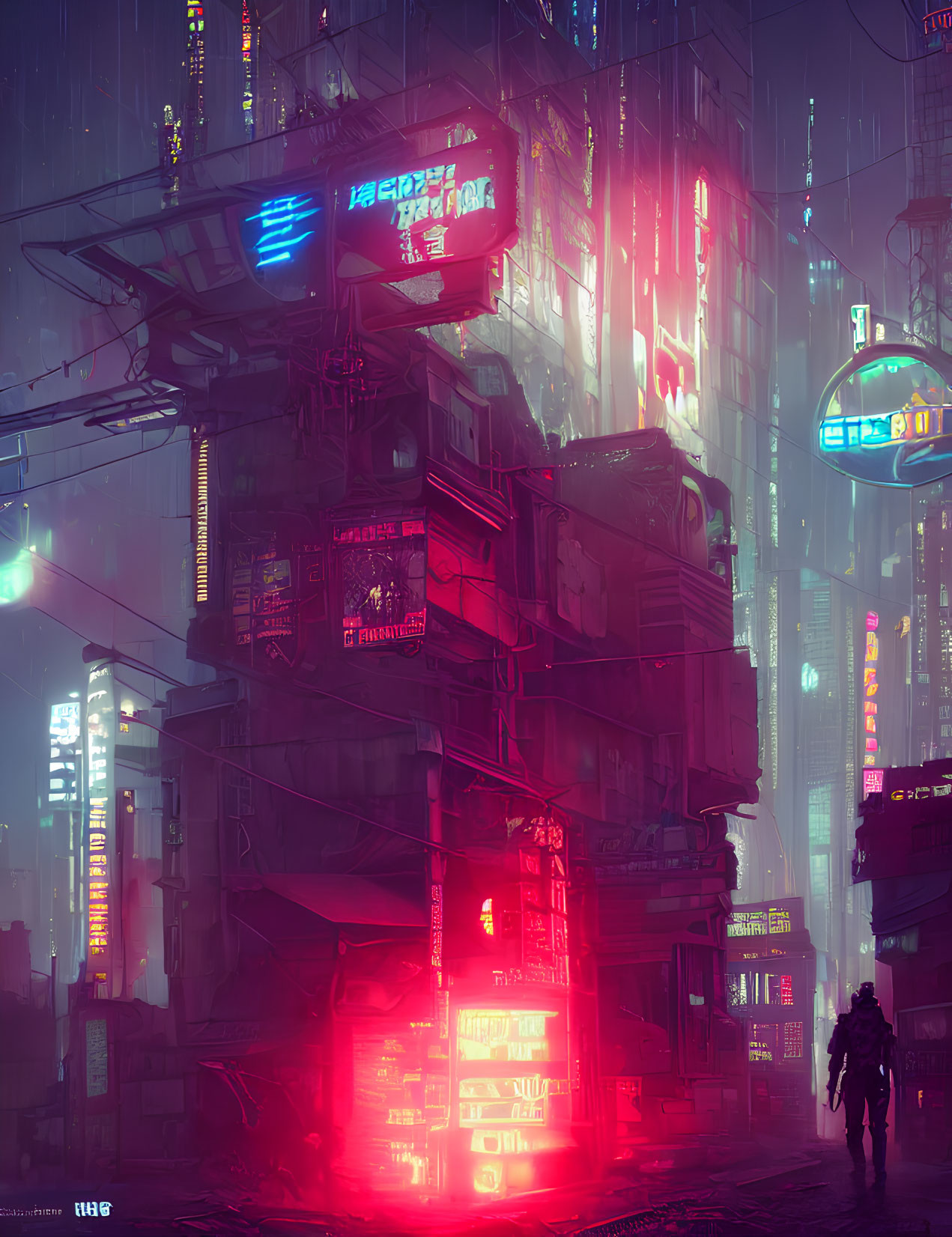 Figure in neon-lit cyberpunk cityscape with towering structures