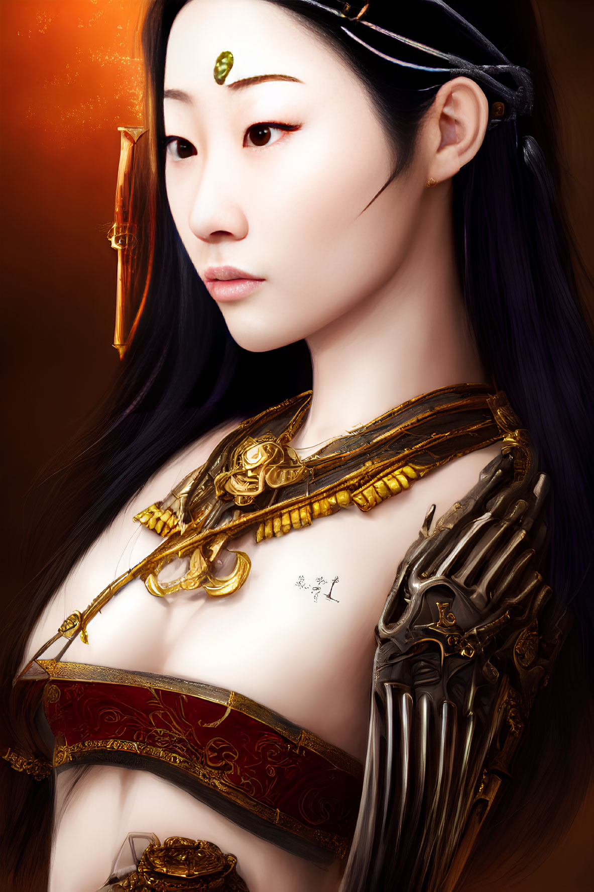 Digital artwork: Pale-skinned woman in gold armor on warm amber backdrop