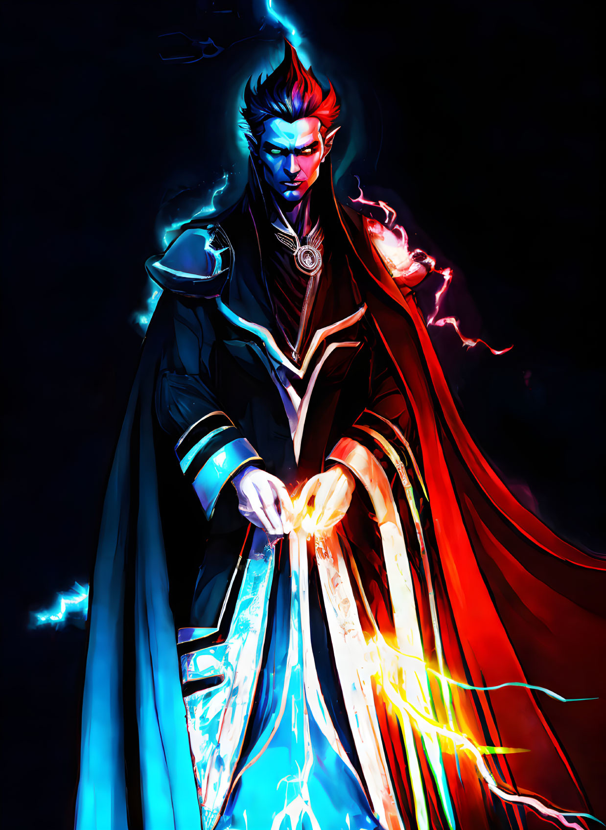 Fantasy character with glowing blue magic and red cape in ethereal setting