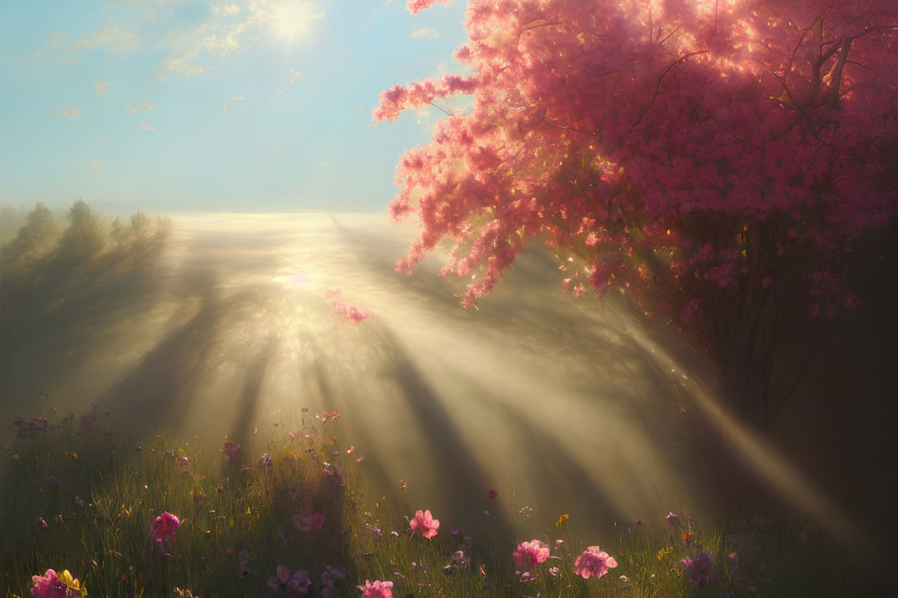 Sunbeam-lit meadow with wildflowers and blossoming pink tree in misty setting