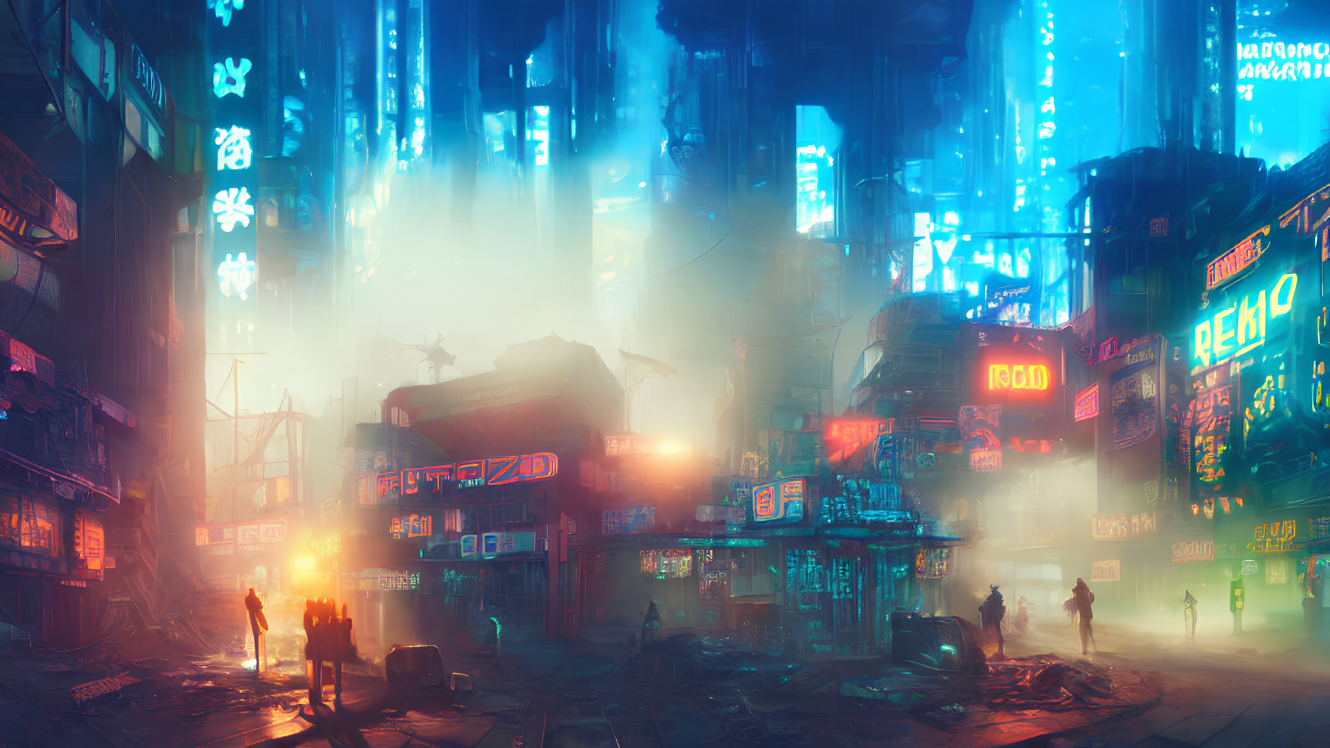 Neon cyberpunk cityscape with glowing signs and silhouettes