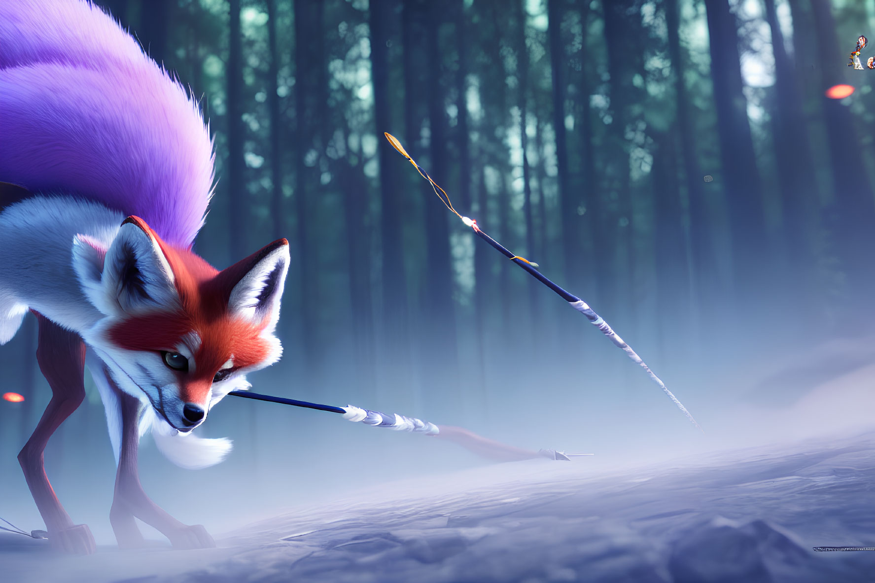 Colorful animated fox with fluffy tail and glowing arrow in mystical forest.