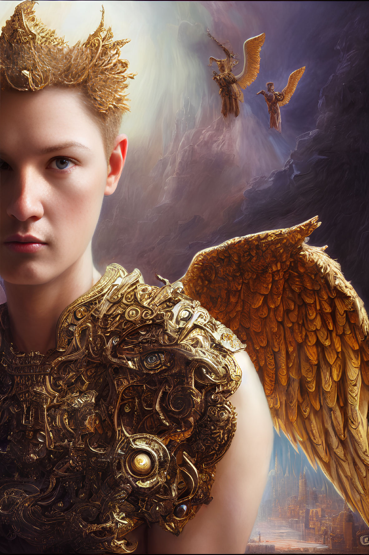 Young individual with golden crown, shoulder armor, and angelic wings gazes at fantastical sky with