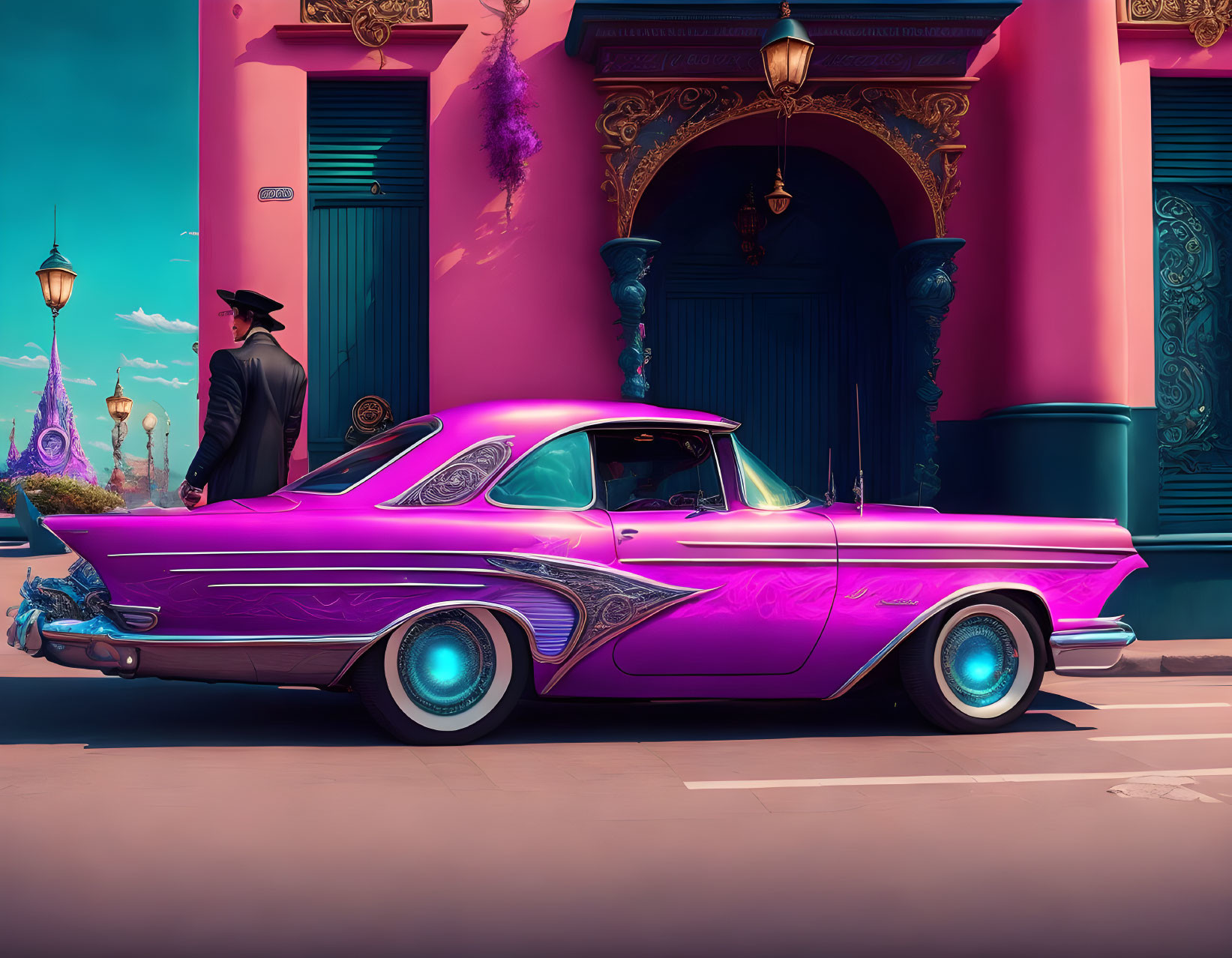 Vintage Purple Car Parked by Pink Building with Blue Doors and Man in Black Suit