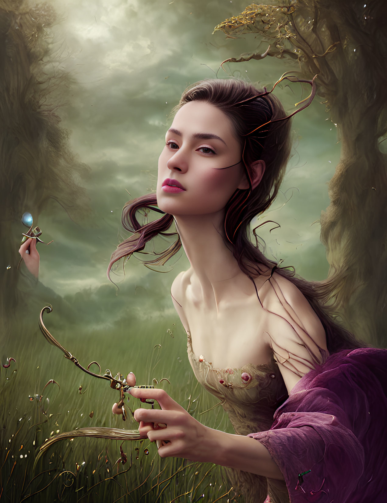 Fantasy portrait of a woman with elfin features holding a delicate key in a mystical forest setting.