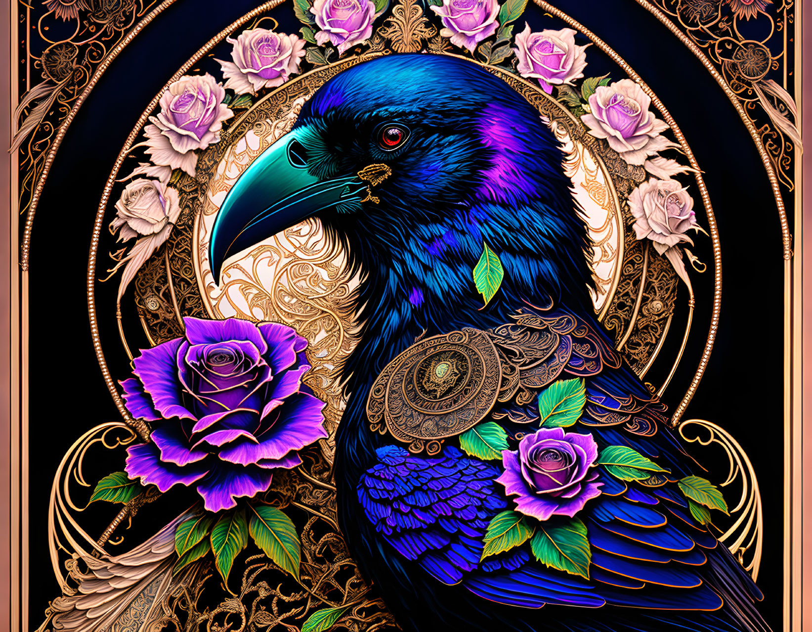 Colorful Raven in Rose Garden Artwork with Gold Art Nouveau Details