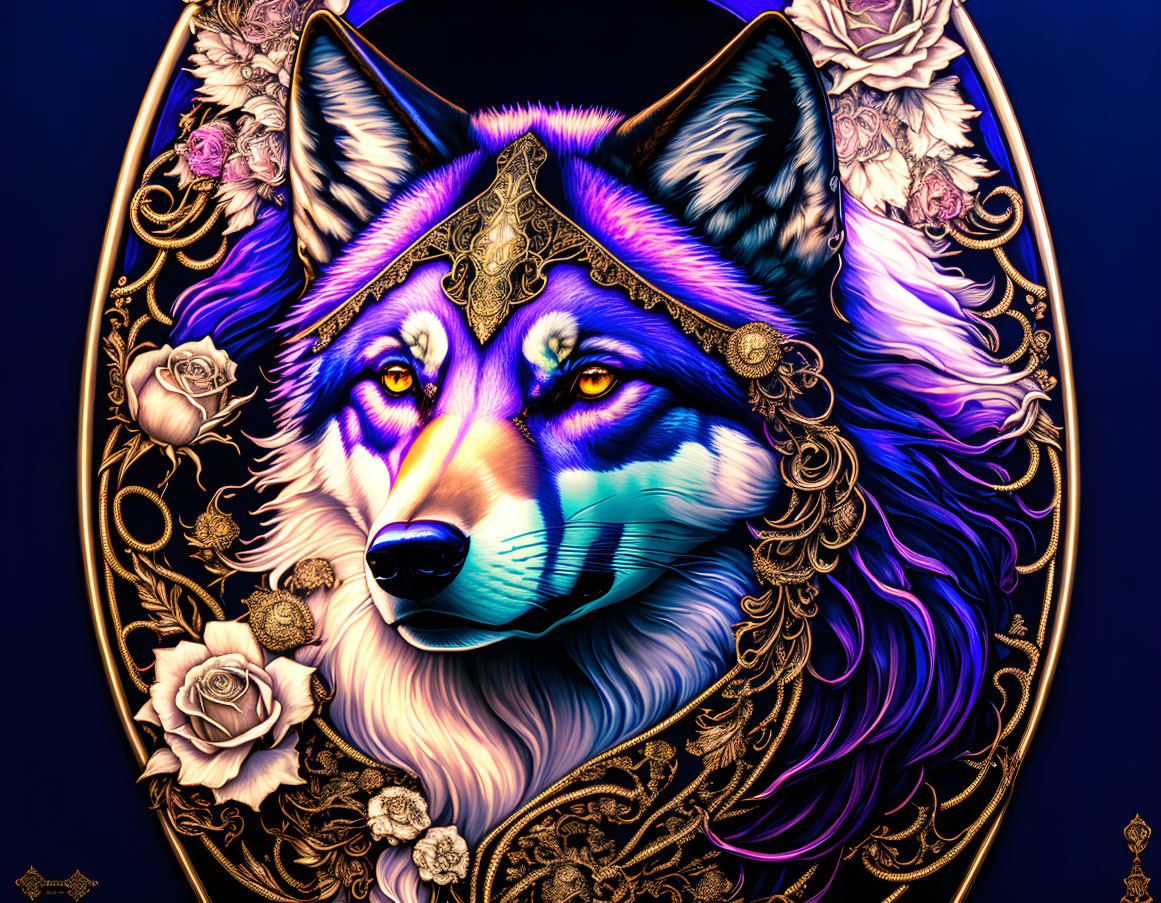 Vivid digital artwork: Wolf head with blue fur, framed by ornate golden floral motif