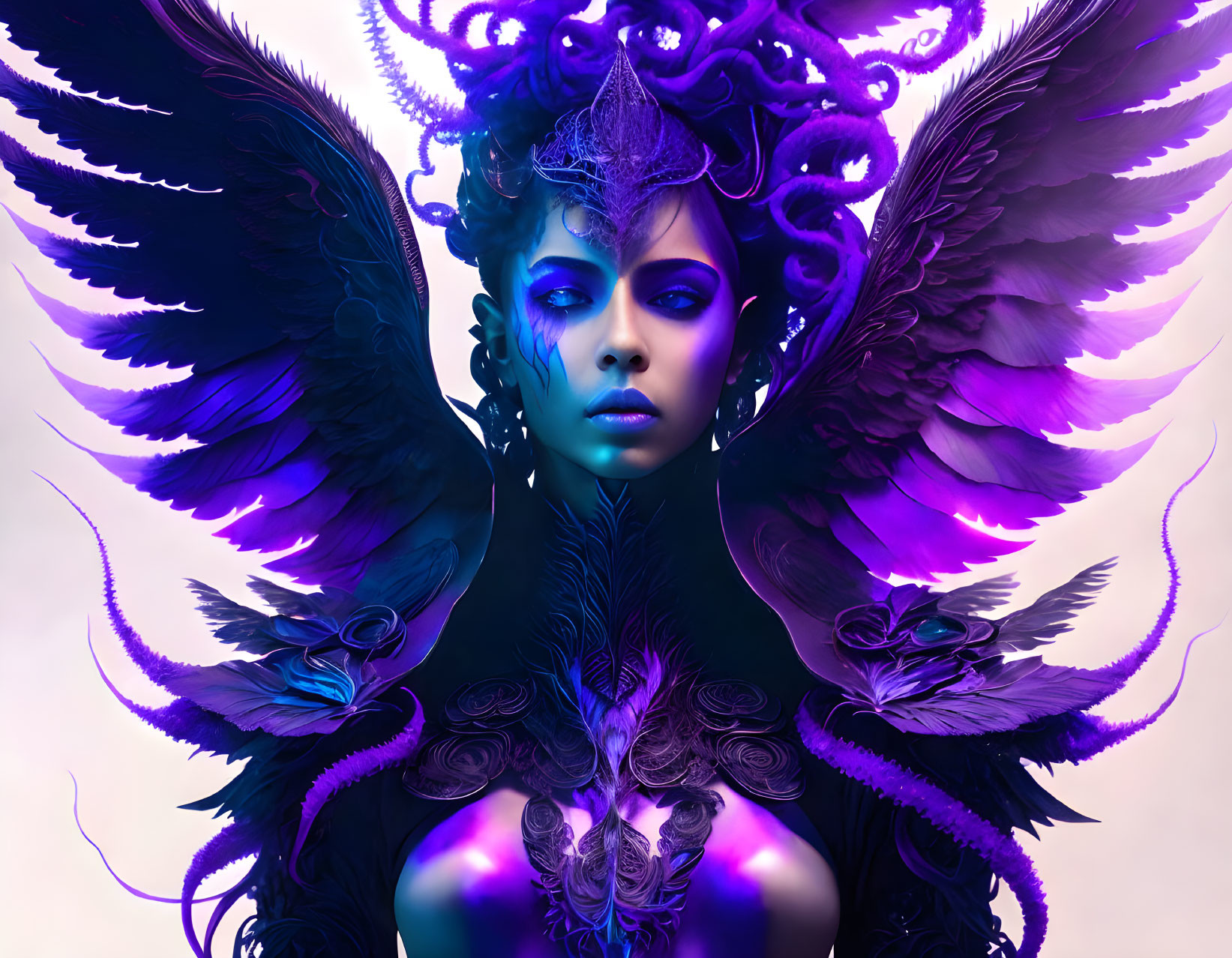 Purple-skinned woman with feathered wings and intricate headpiece on soft background