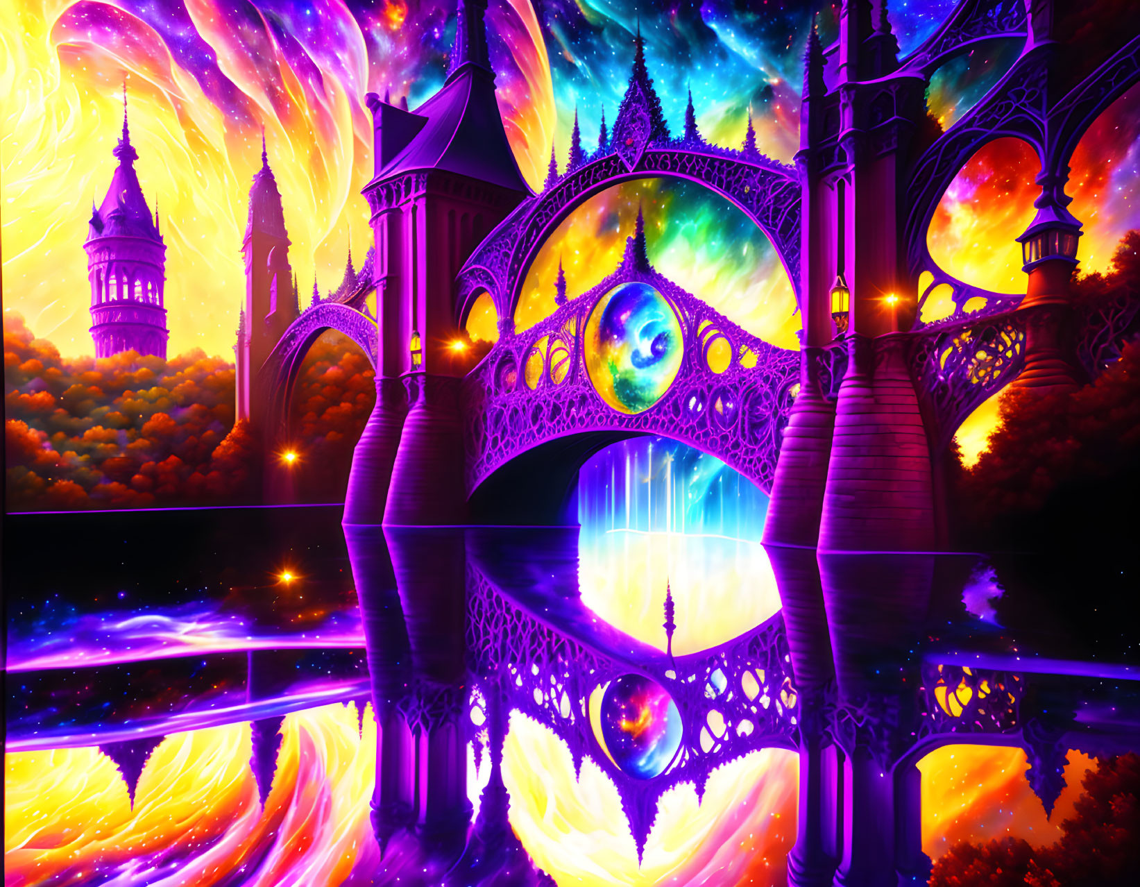 Colorful Fantasy Landscape with Swirling Skies, Ornate Bridge, Celestial Bodies, and Illum