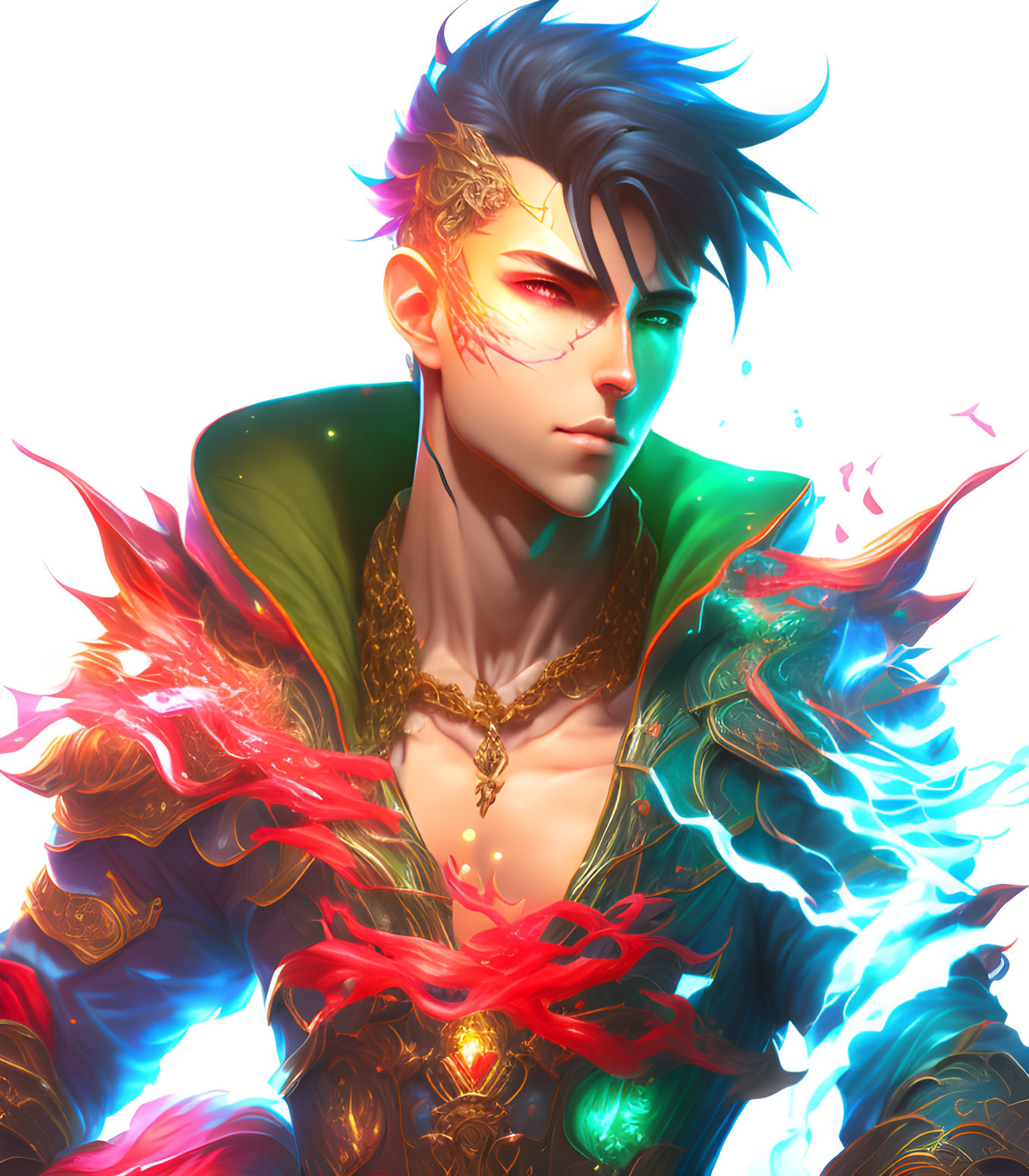 Colorful Stylized Male Figure with Blue Hair and Fiery Aura