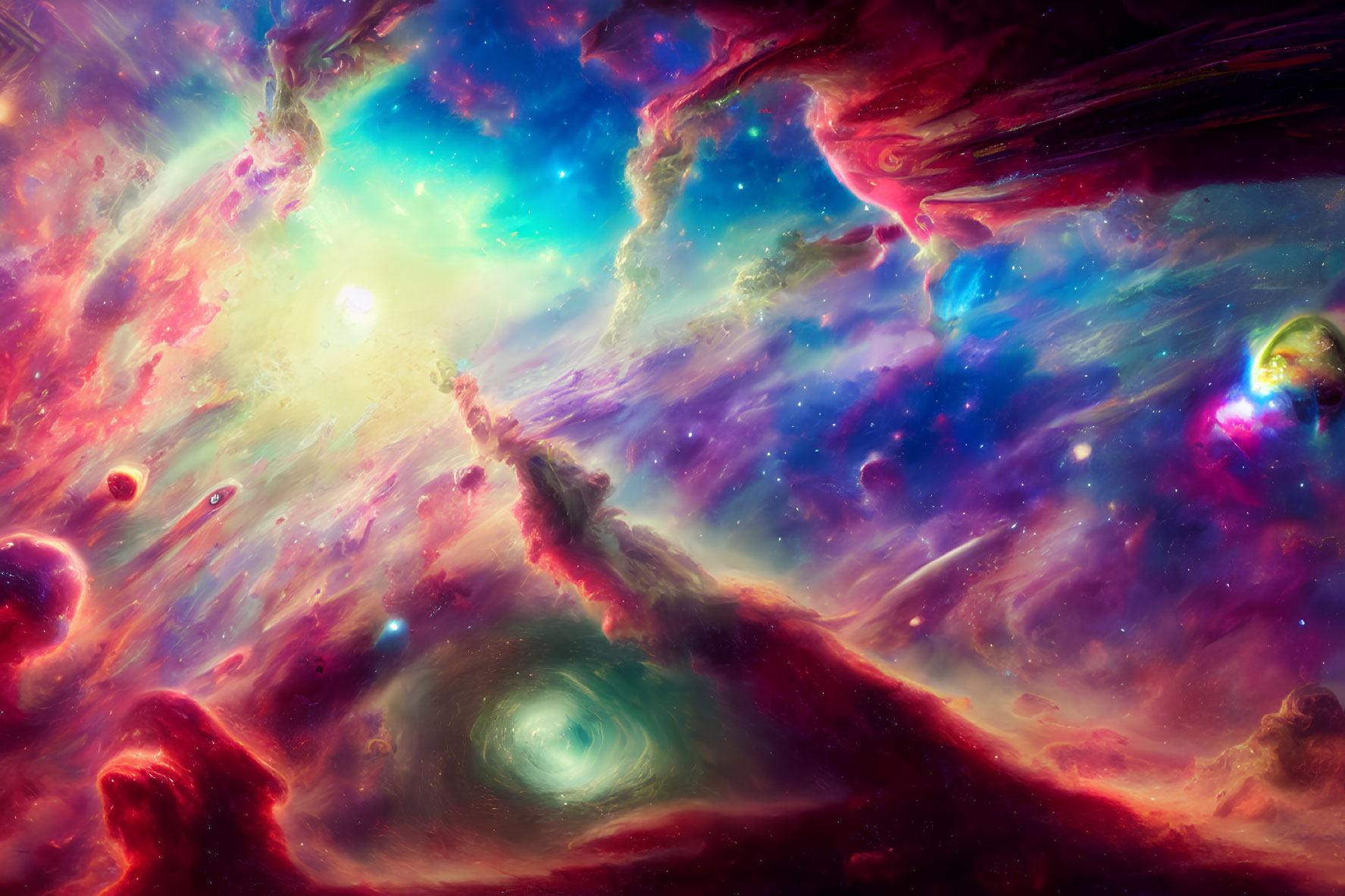 Colorful cosmic scene: swirling nebulae, radiant stars, and gas clouds.