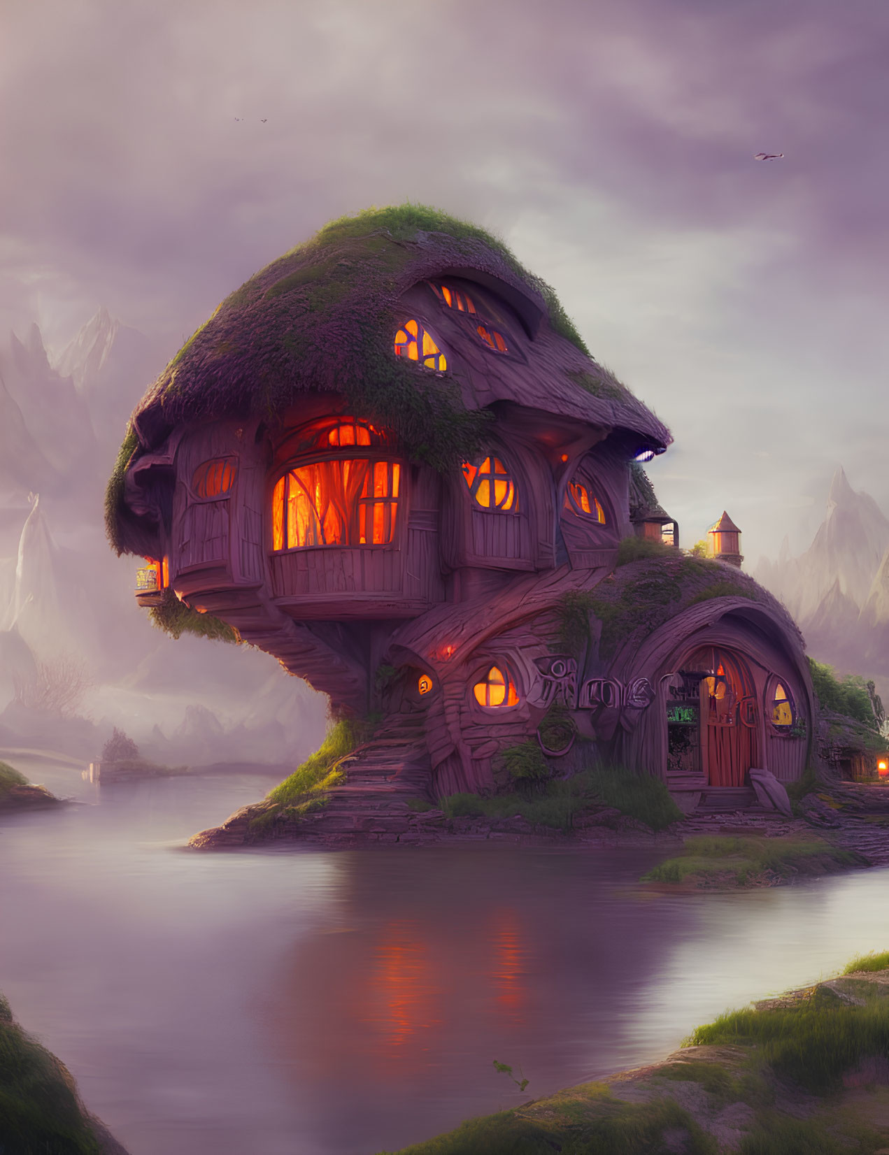 Whimsical mushroom-shaped house by serene river at dusk