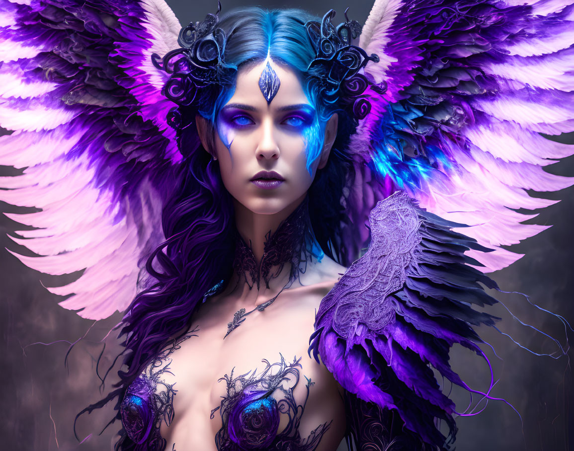 Blue-skinned fantasy figure with striking eyes, dark feathers, intricate headpiece, and majestic wings