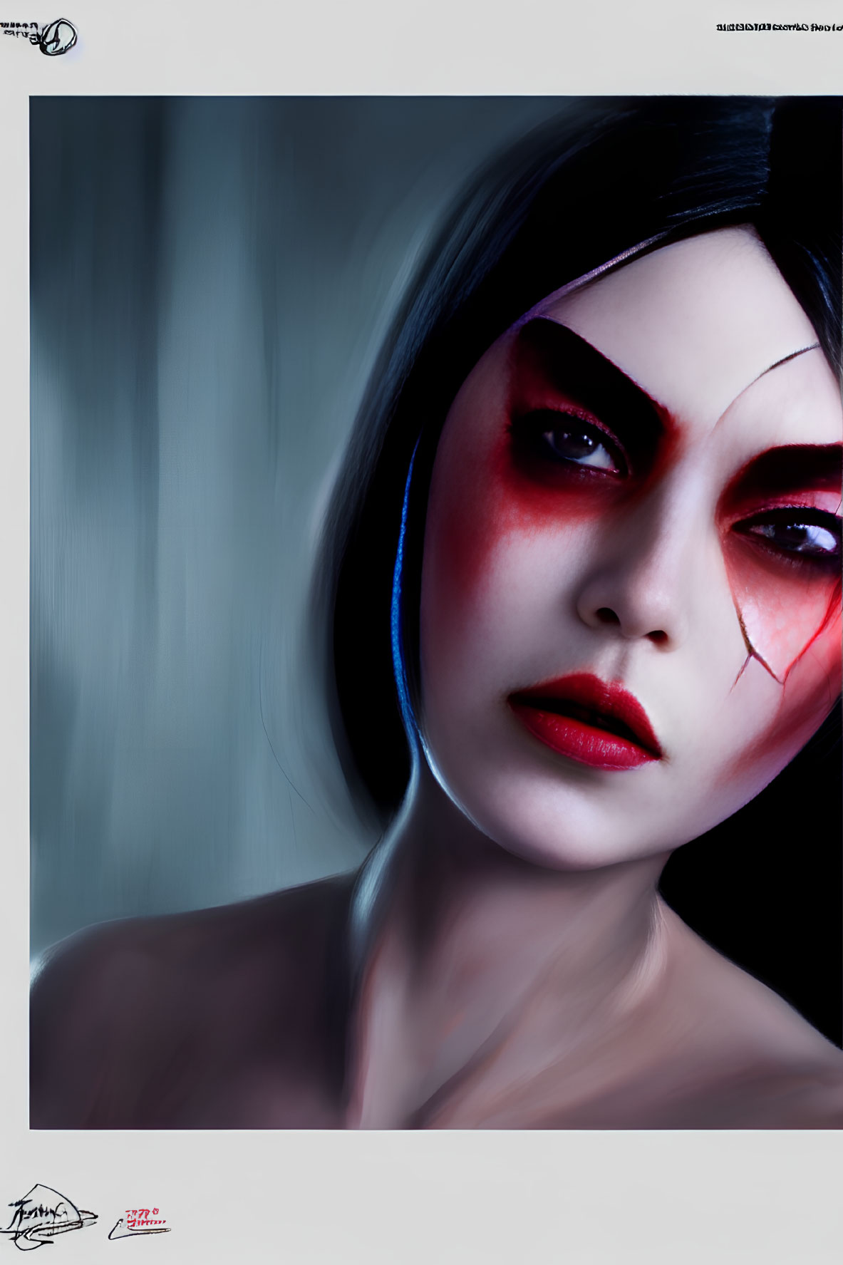 Digital portrait: person with red eye makeup and cracked skin effect, blurred background