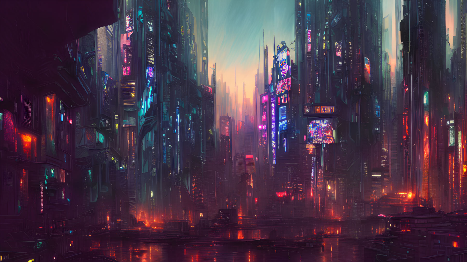 Neon-lit skyscrapers in futuristic cityscape at dusk