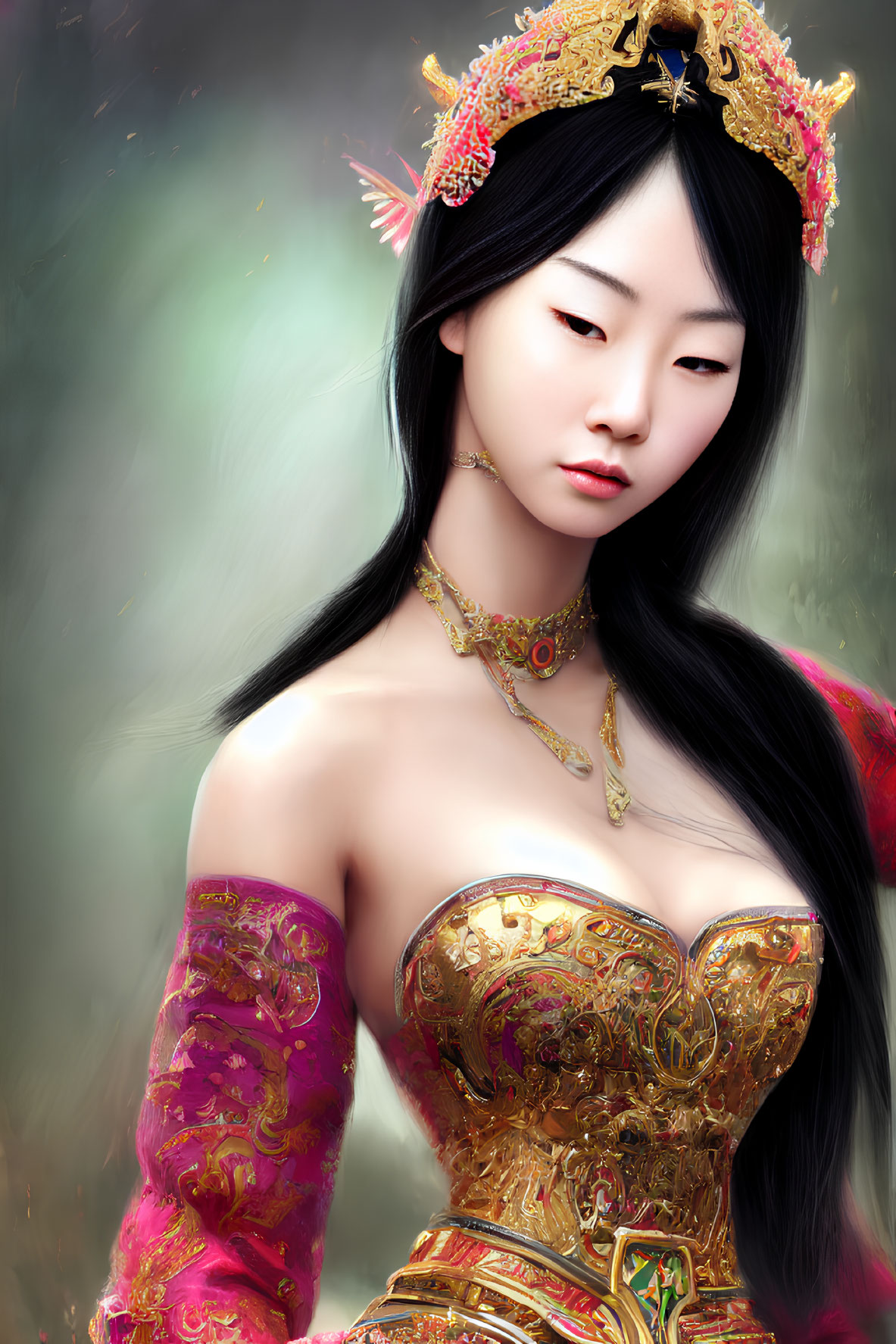 East Asian woman in ornate traditional attire with gold embellishments