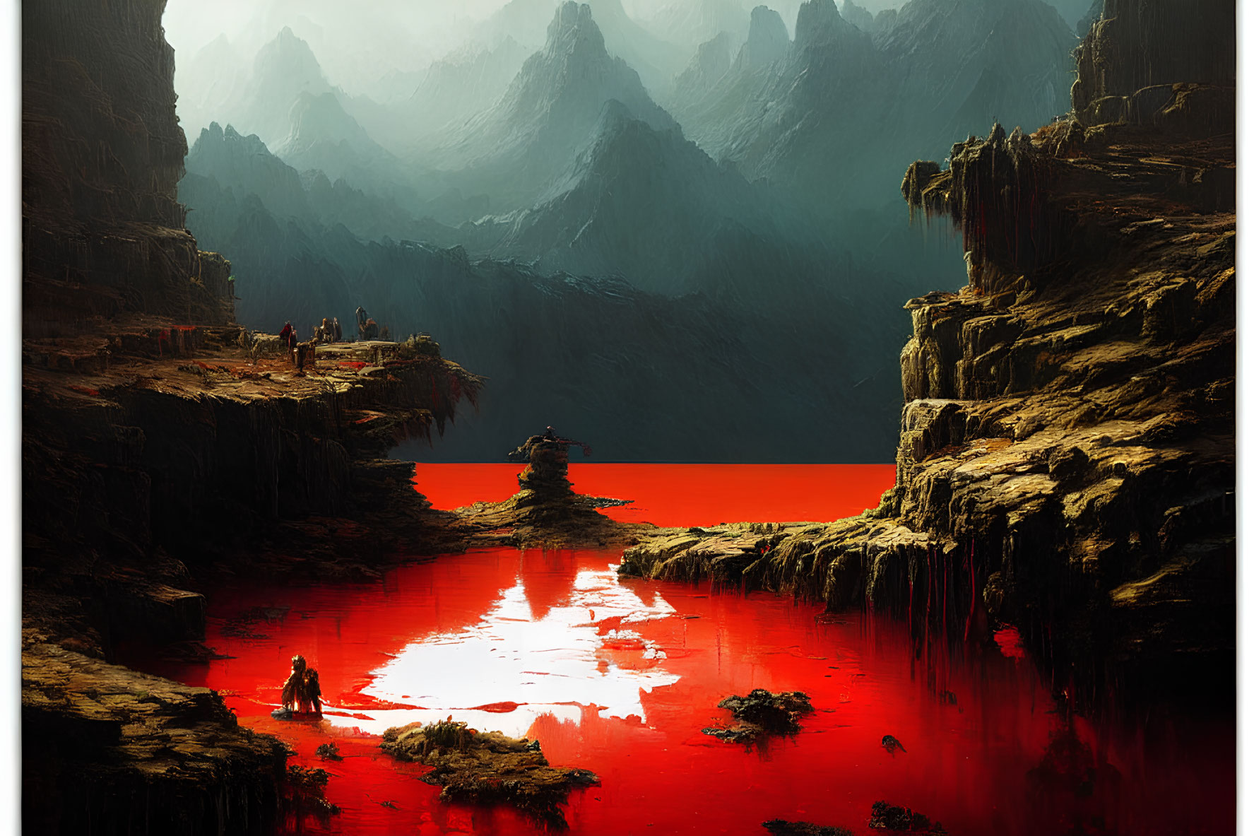 Fantastical landscape with red water, travelers, lone tree, cliffs, and dark mountains