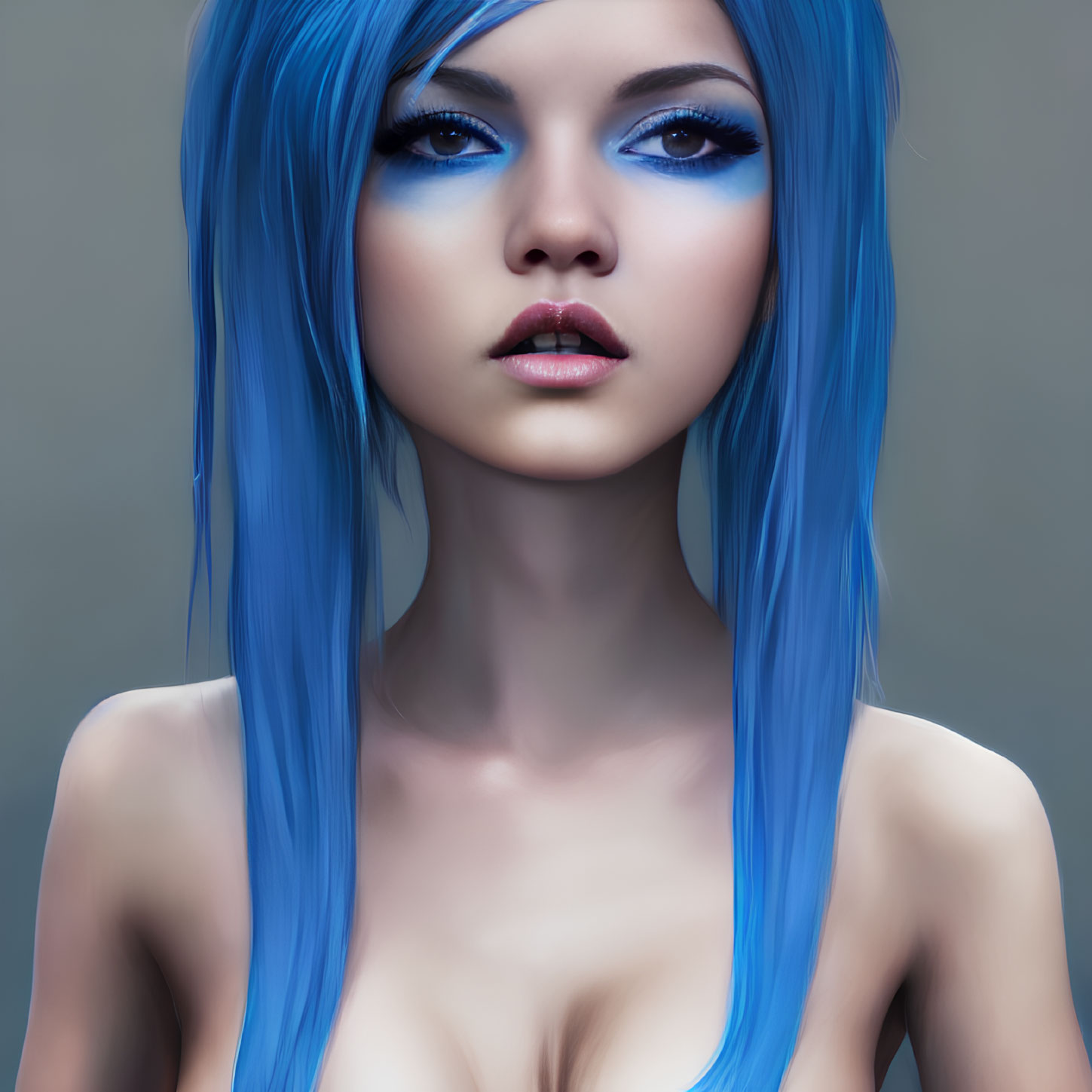 Striking blue-haired person in digital artwork against grey background