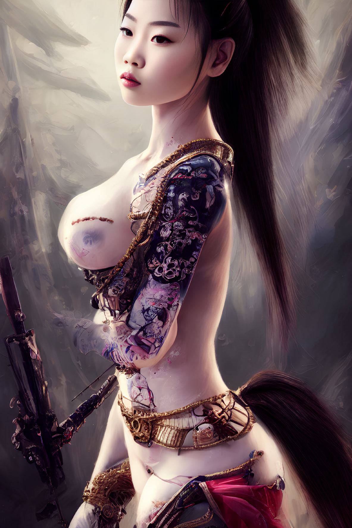 Detailed digital artwork of female warrior in golden armor with tattoos, holding sword in misty mountain setting