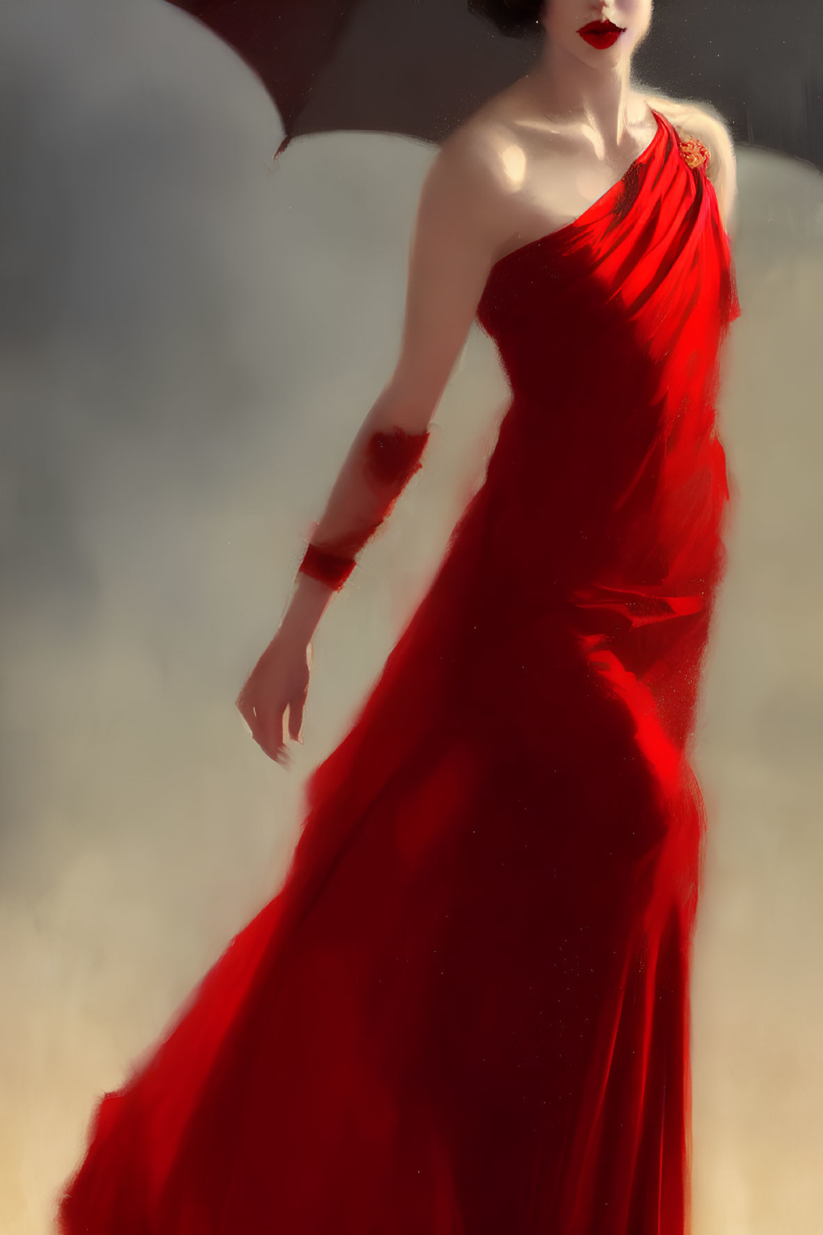 Woman in Red Dress with Black Umbrella in Misty Setting
