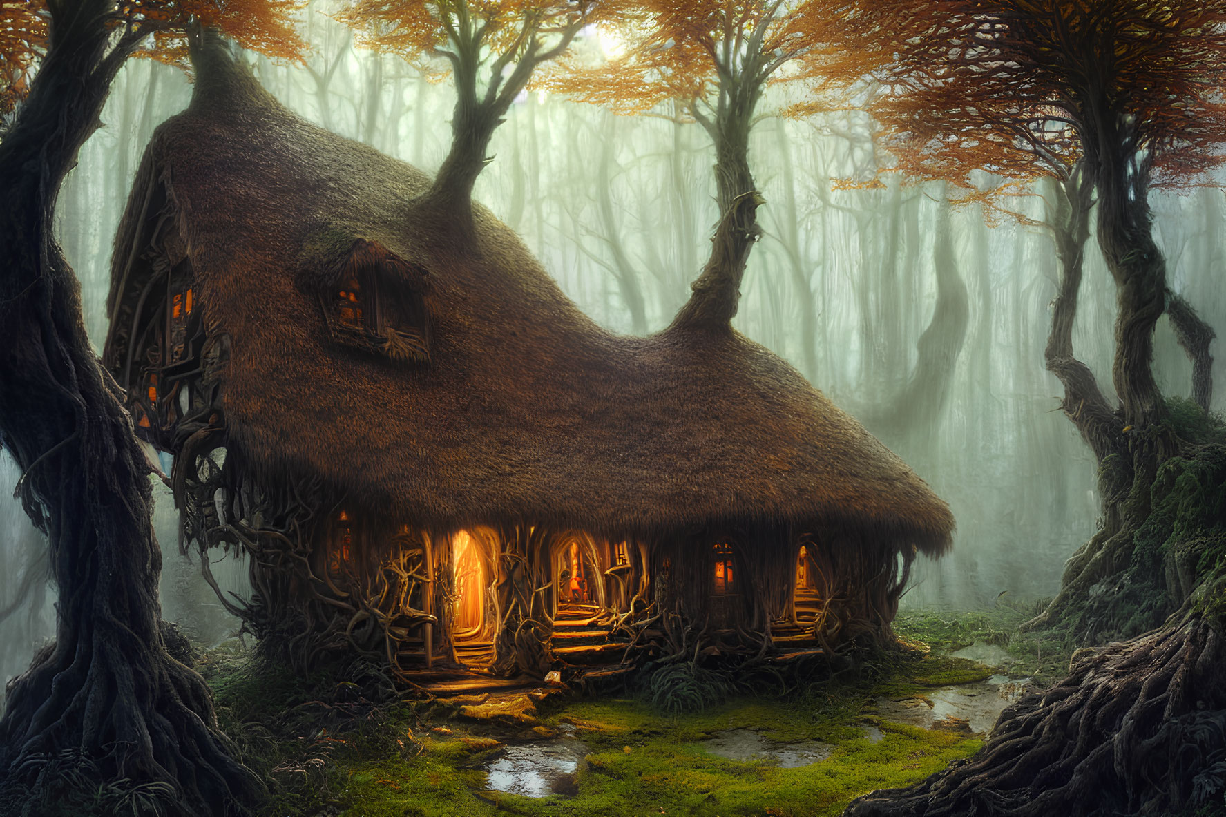 Quaint Thatched Cottage in Misty Autumn Forest