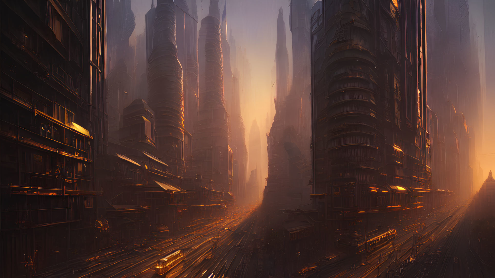 Futuristic cityscape at sunset with glowing skyscrapers and traffic lines