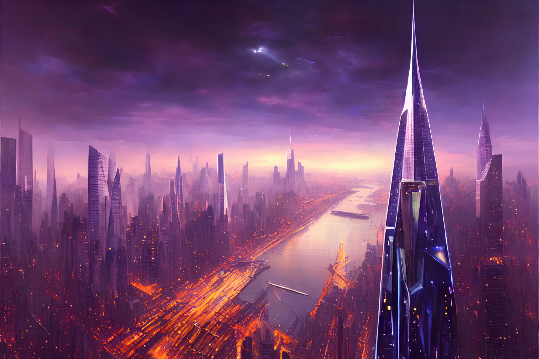 Futuristic cityscape with skyscrapers, river, and spacecraft in vibrant sunset scene