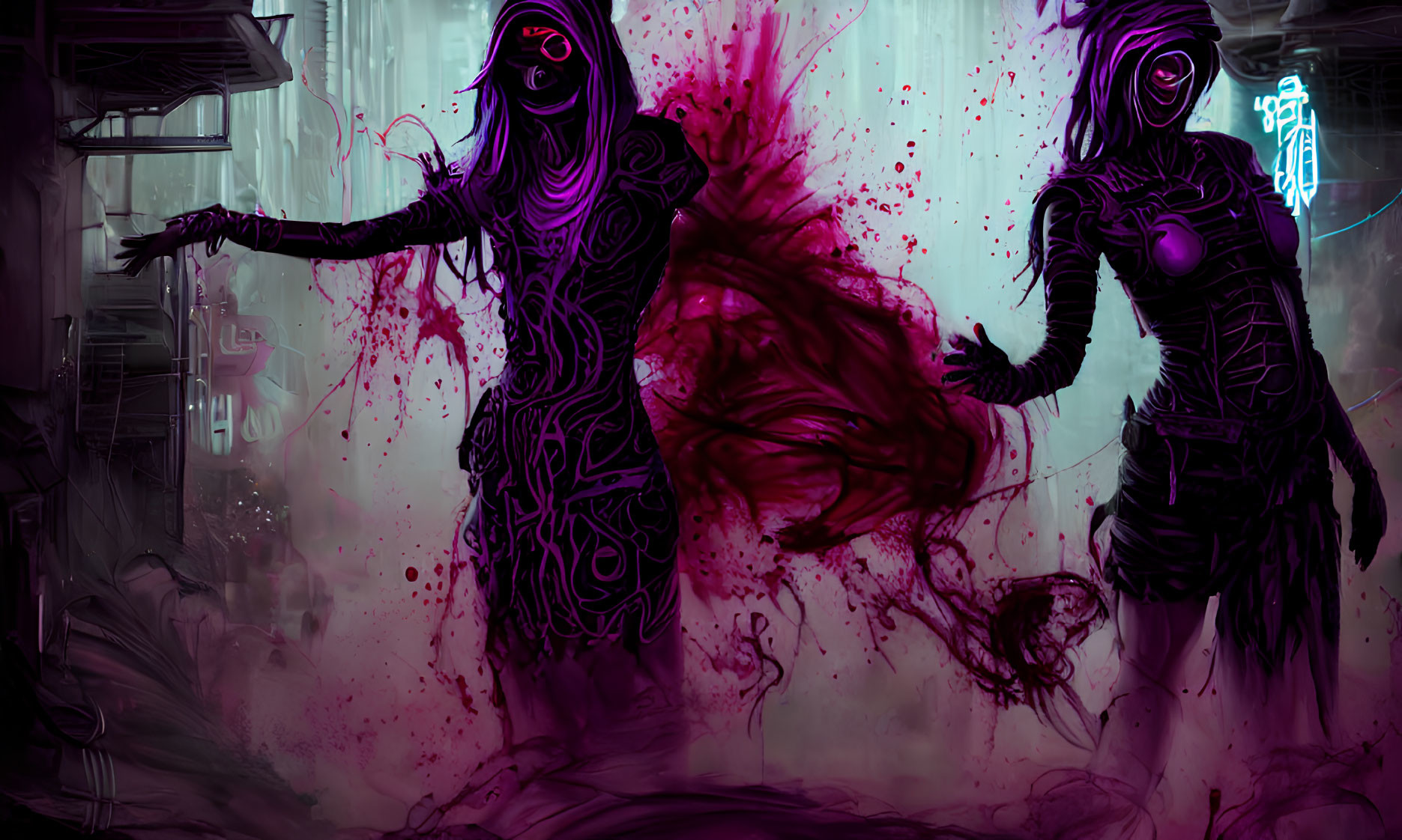 Dark mystical figures with glowing purple patterns in vibrant red setting