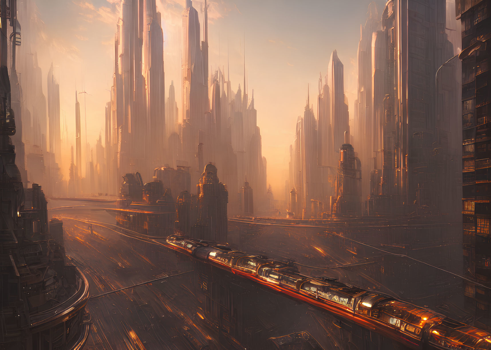 Futuristic cityscape with skyscrapers, roadways, and high-speed train