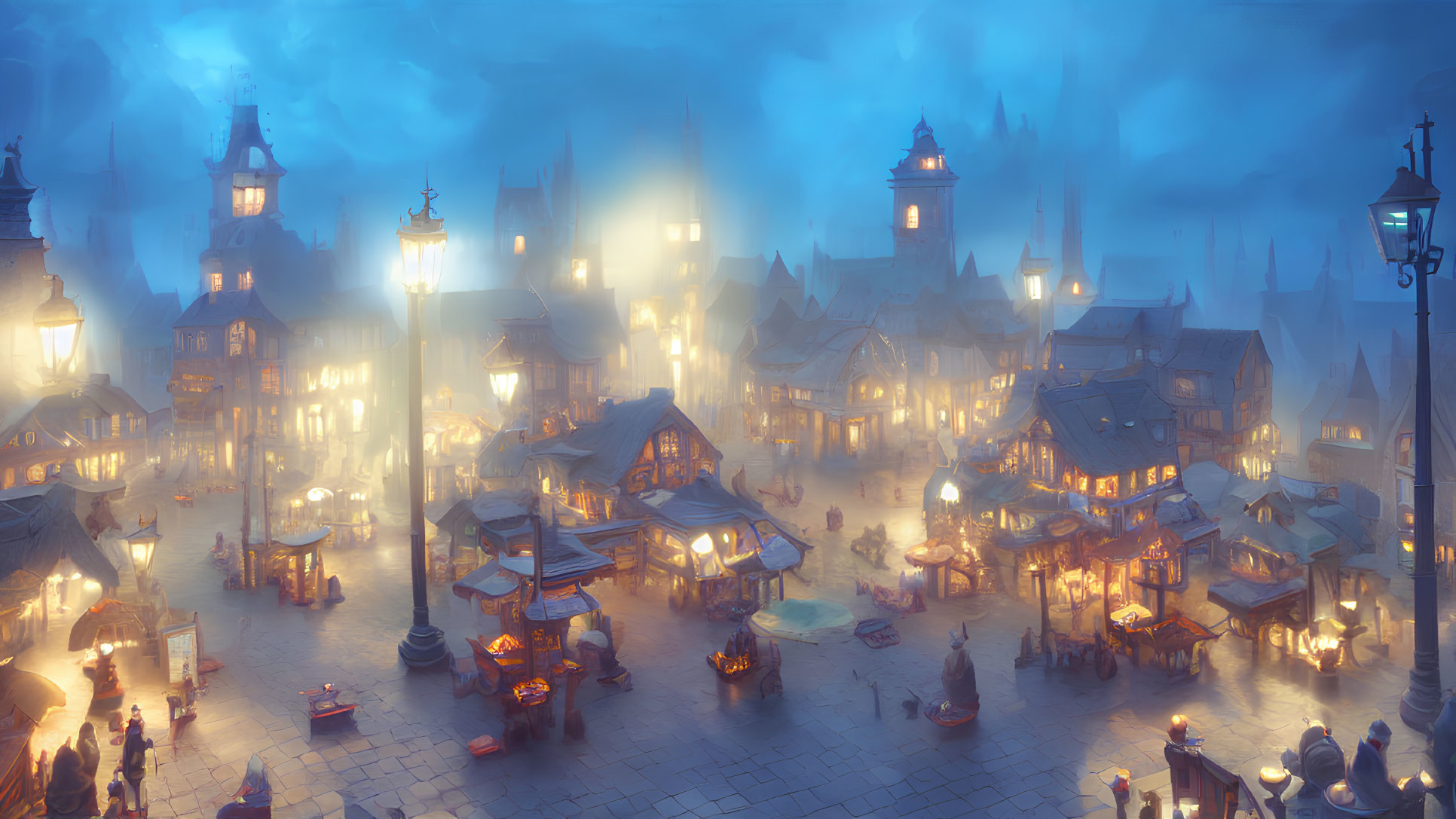 Medieval Market Square at Dusk with Lantern Light