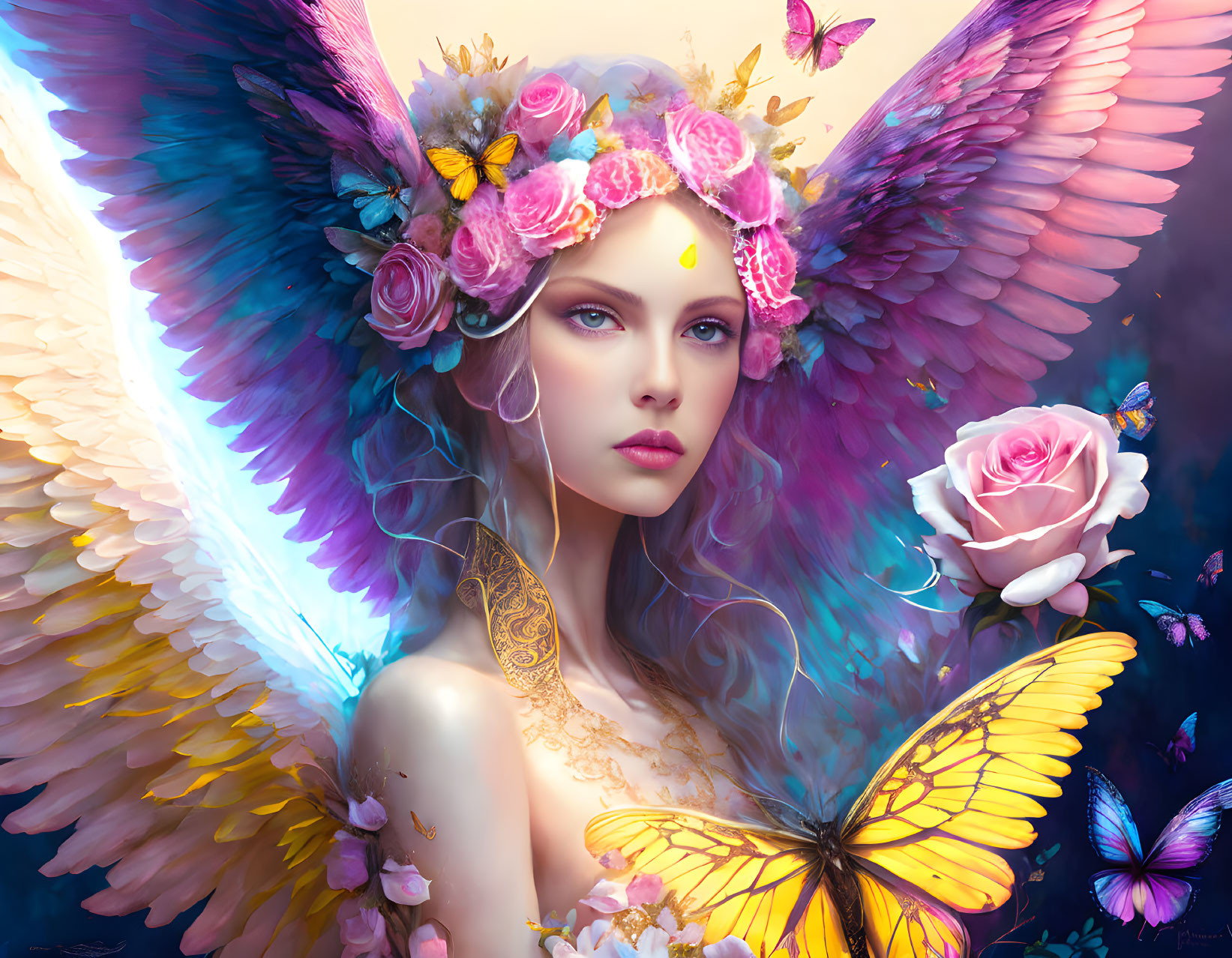 Colorful Butterfly Winged Woman with Floral Crown and Butterflies - Fantasy Illustration