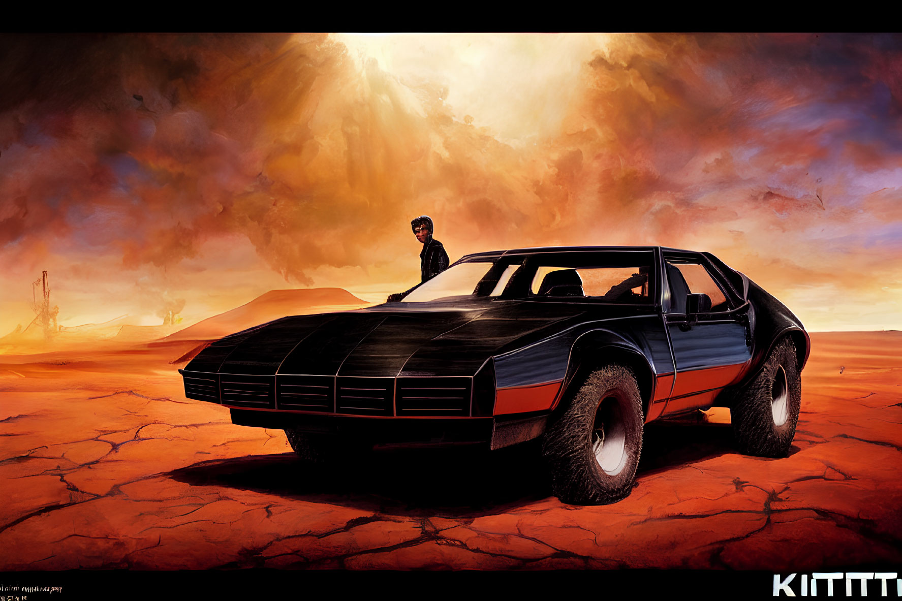 Person beside black futuristic car on cracked desert ground under orange sky