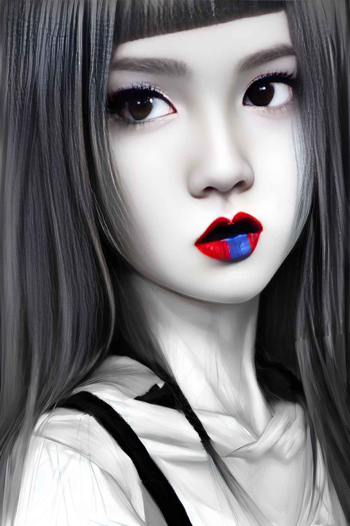 Monochrome portrait with red and blue lips, black hair, pale skin