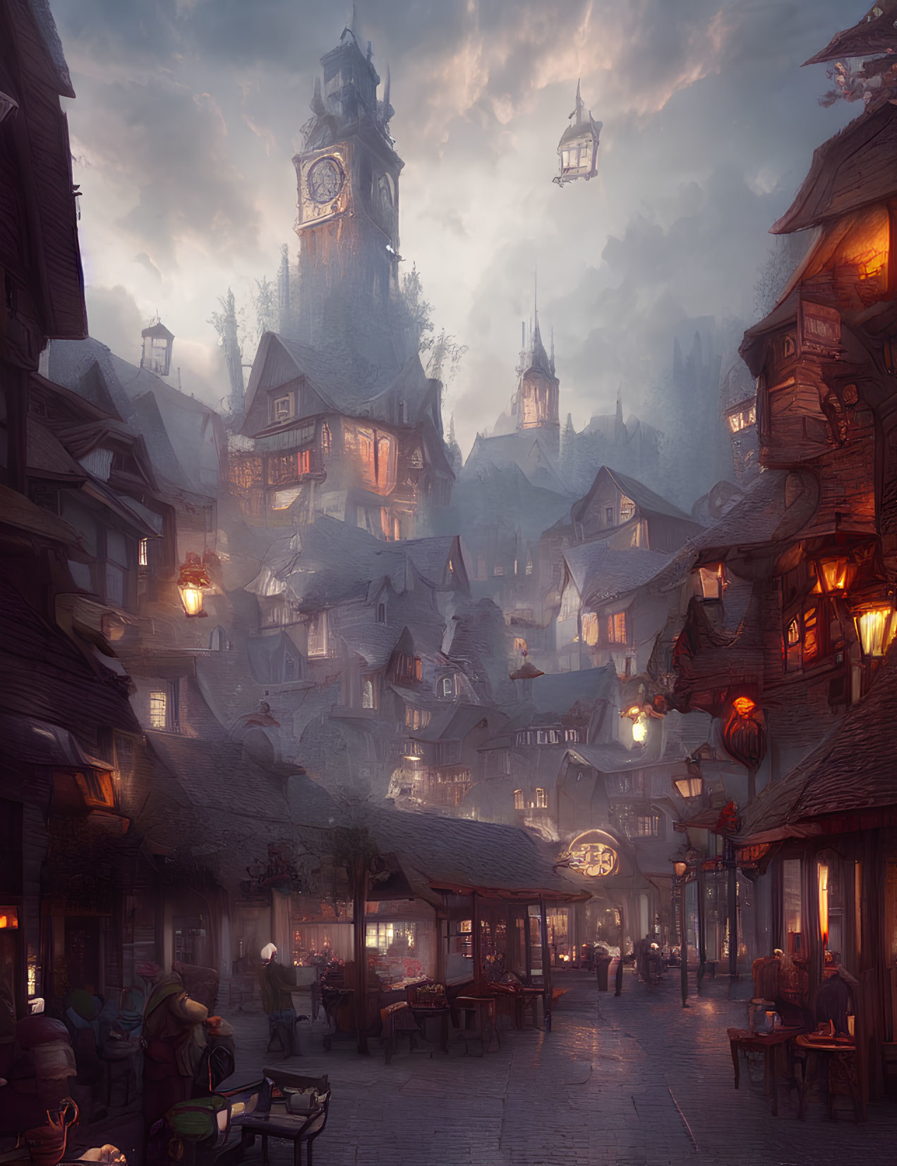 Medieval village at dusk with cobblestone streets and glowing lanterns