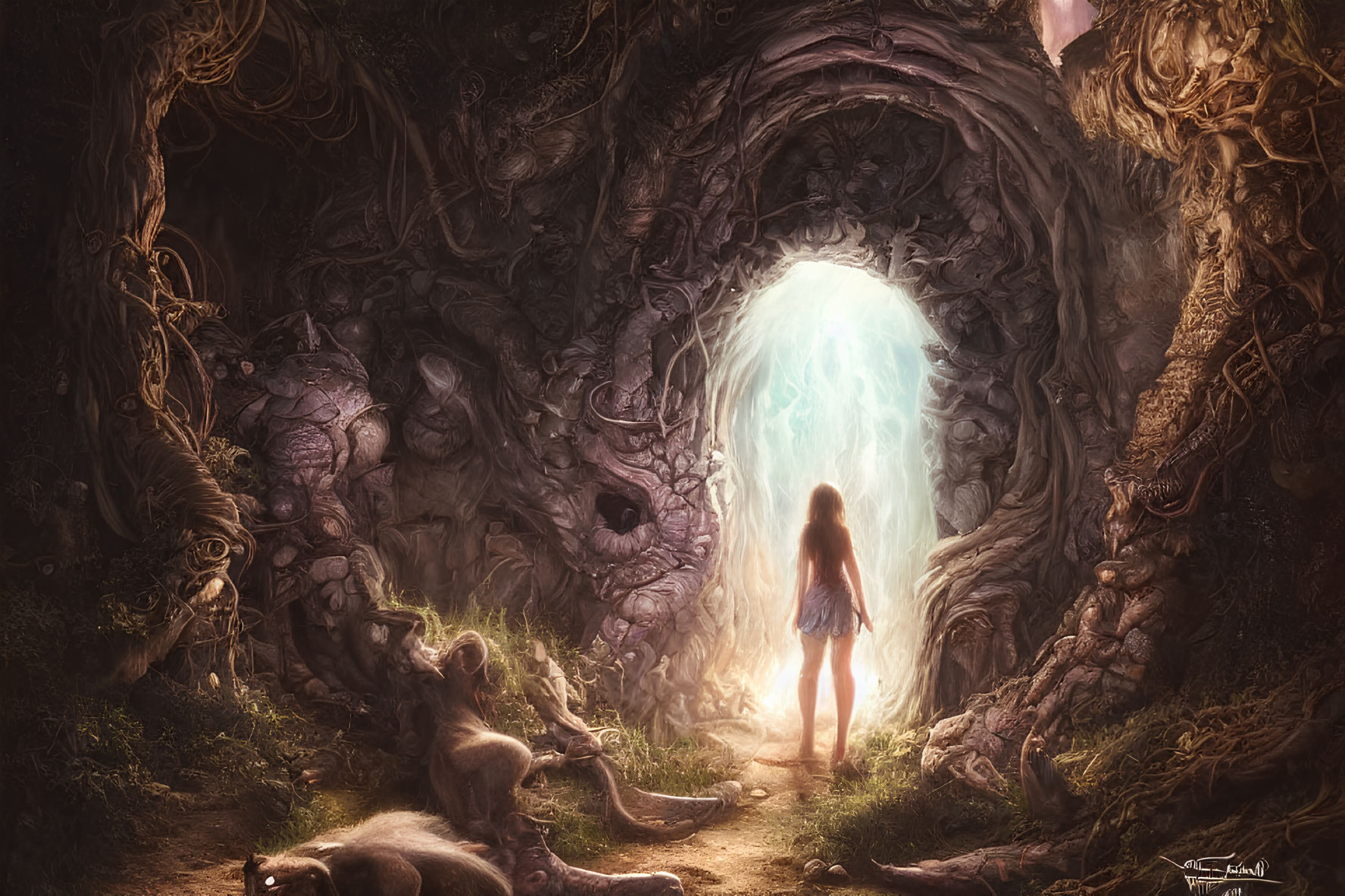 Young girl in mystical forest with portal, roots, and creatures