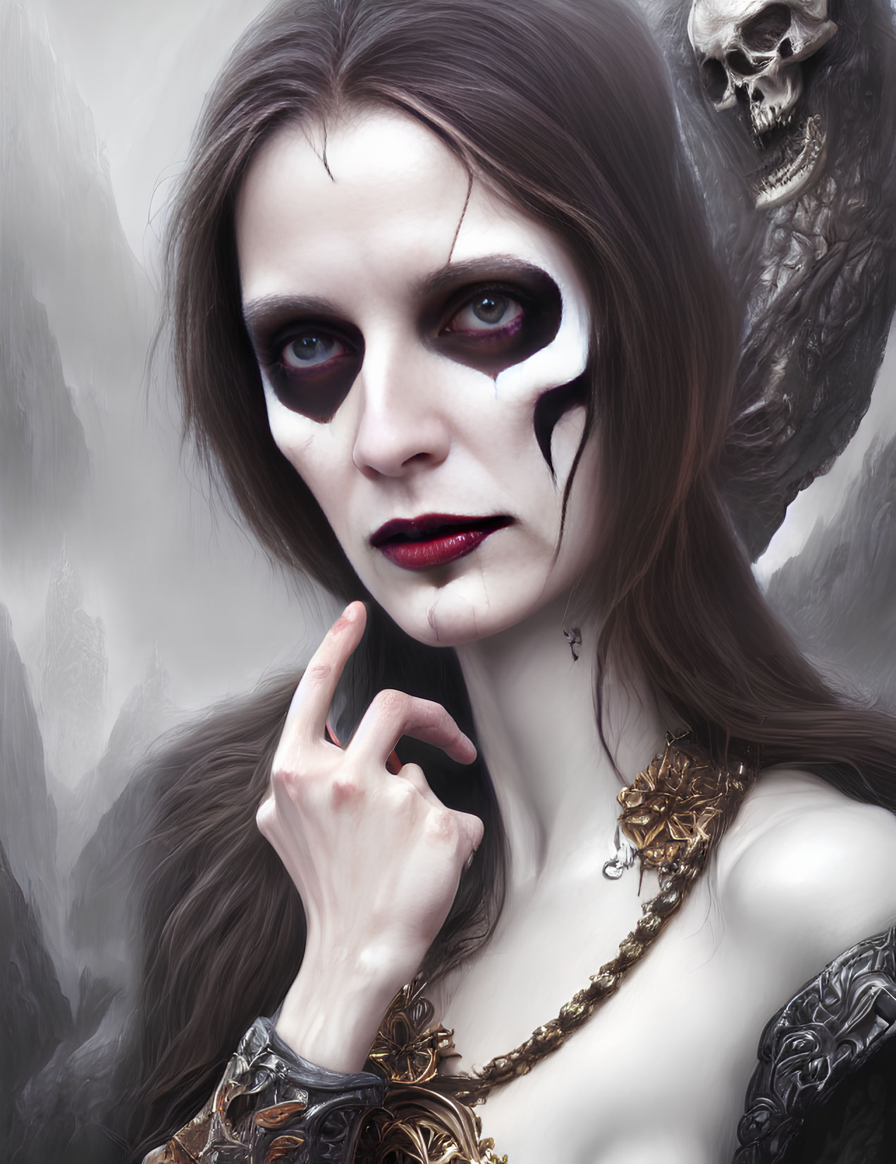 Pale woman with dark eye makeup and red lips styled as gothic fantasy figure with skull in misty