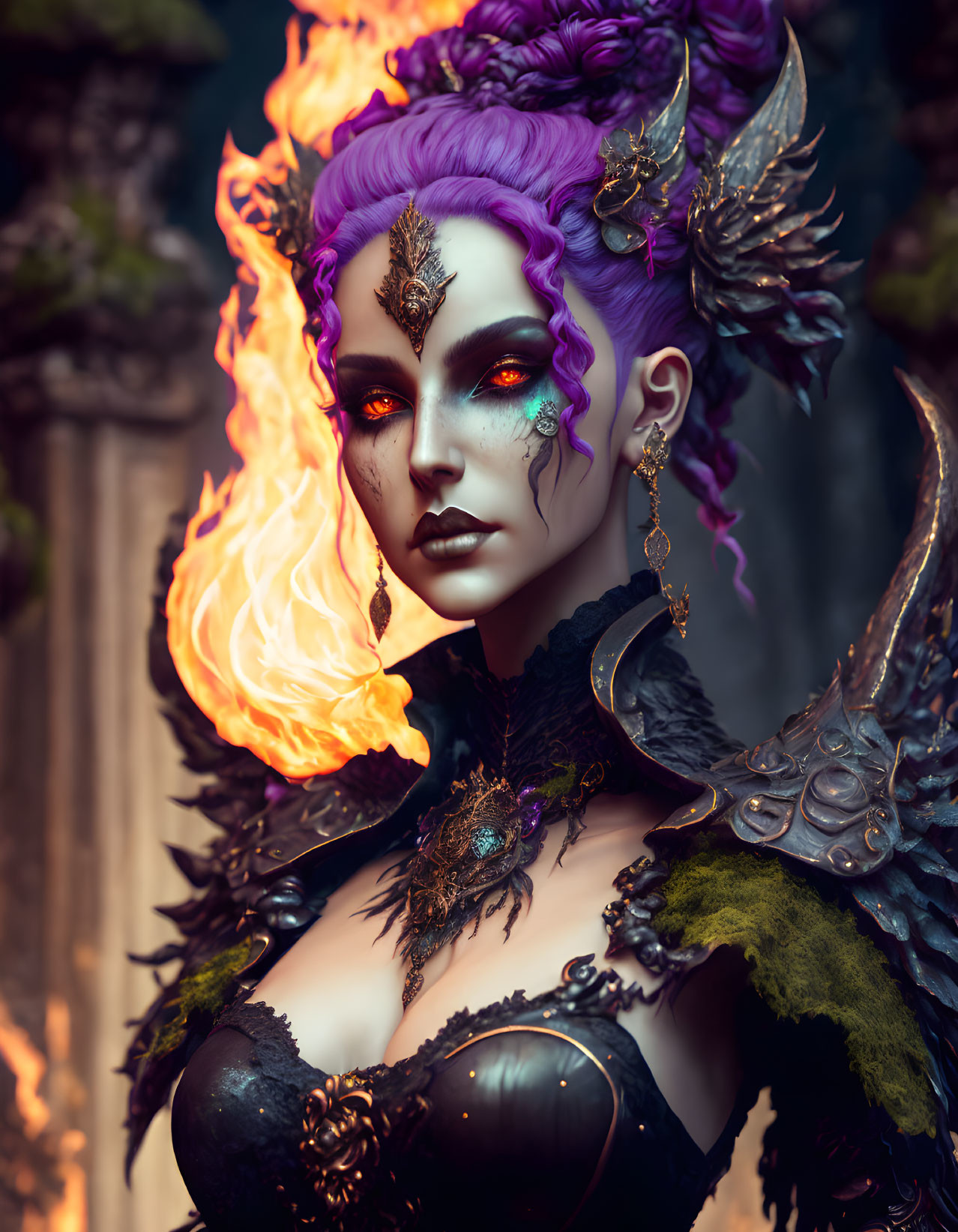 Purple-skinned female character with fiery eyes, holding a flame, in dark ornate armor and feathers