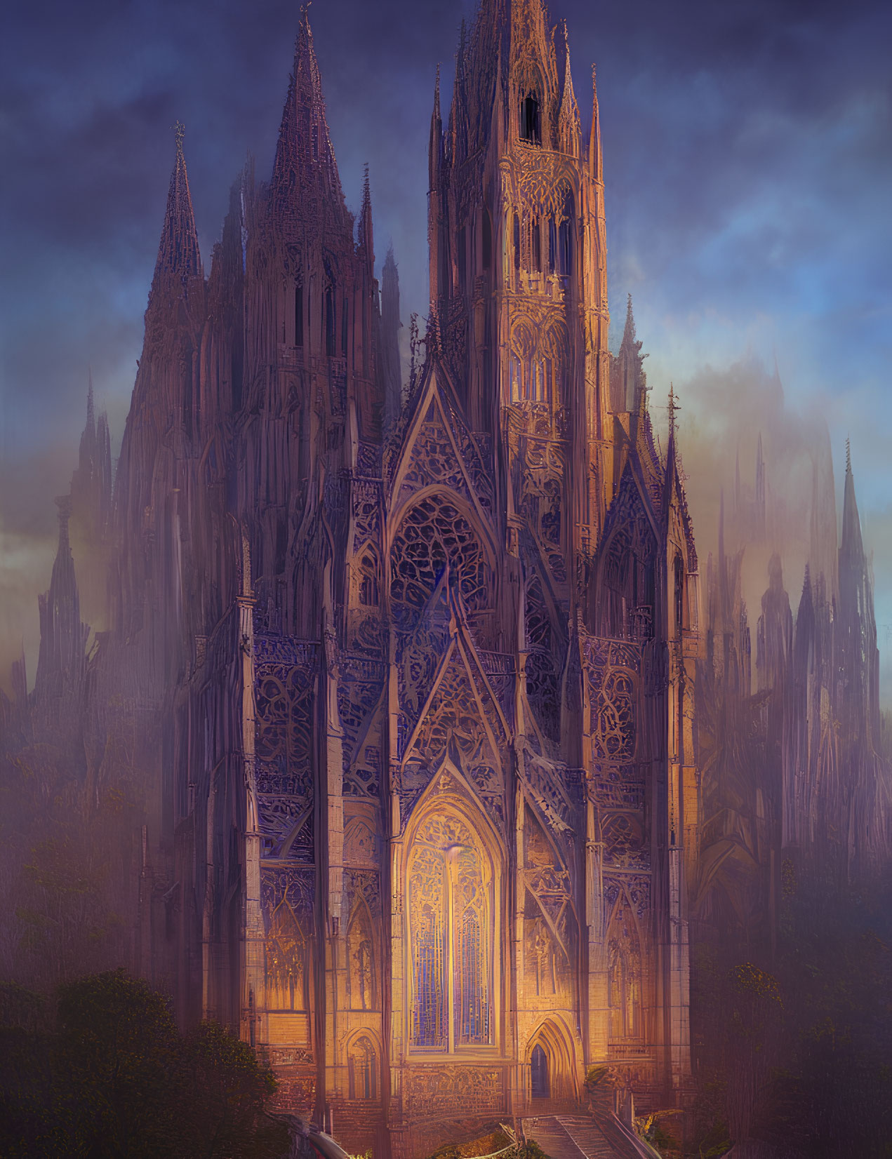 Ethereal Gothic cathedral with warm glow and intricate architecture