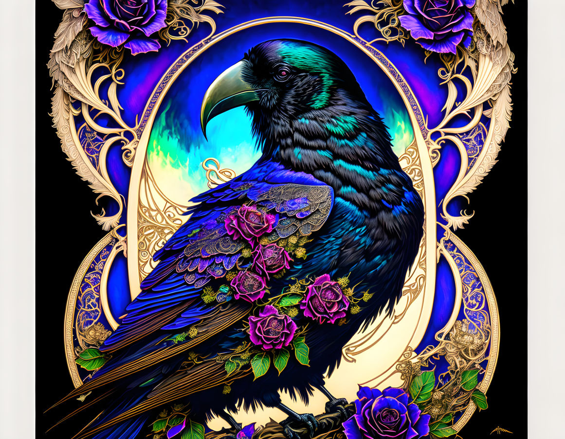 Detailed Raven Digital Art with Gold and Floral Motifs in Oval Frame