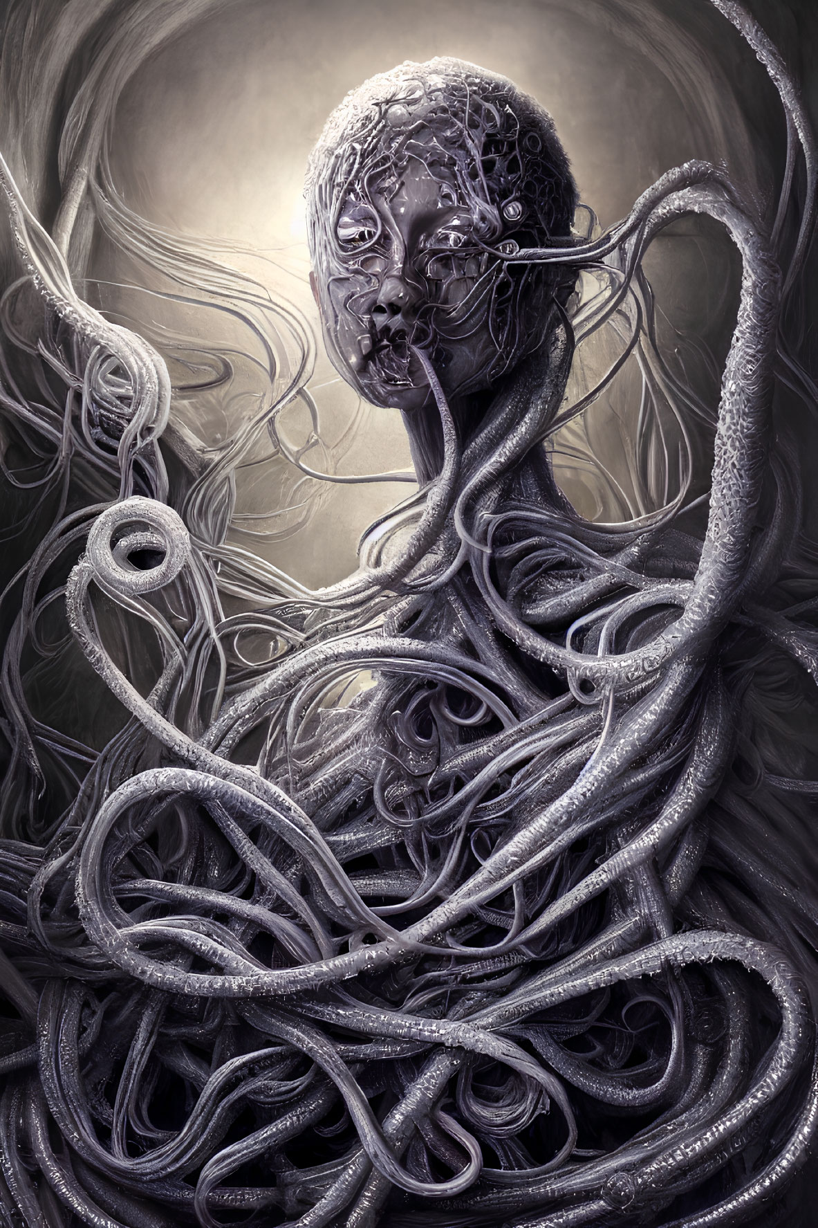 Monochromatic surreal art: humanoid figure with vine-like structures.