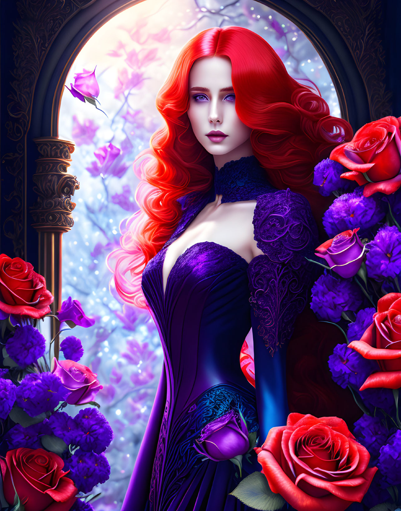 Detailed Illustration of Woman with Red Hair in Purple Gown Among Roses