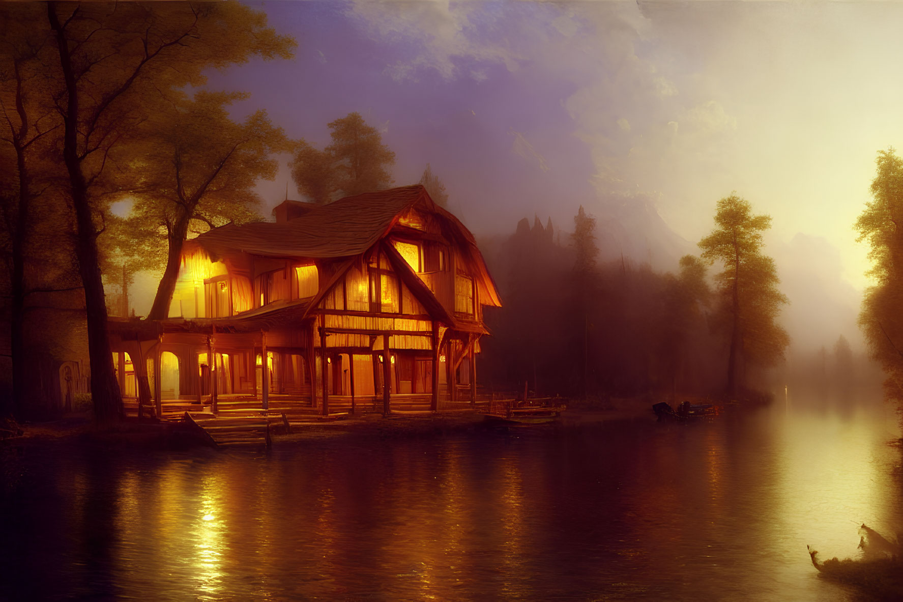 Cozy wooden cabin by serene lake at dusk or dawn