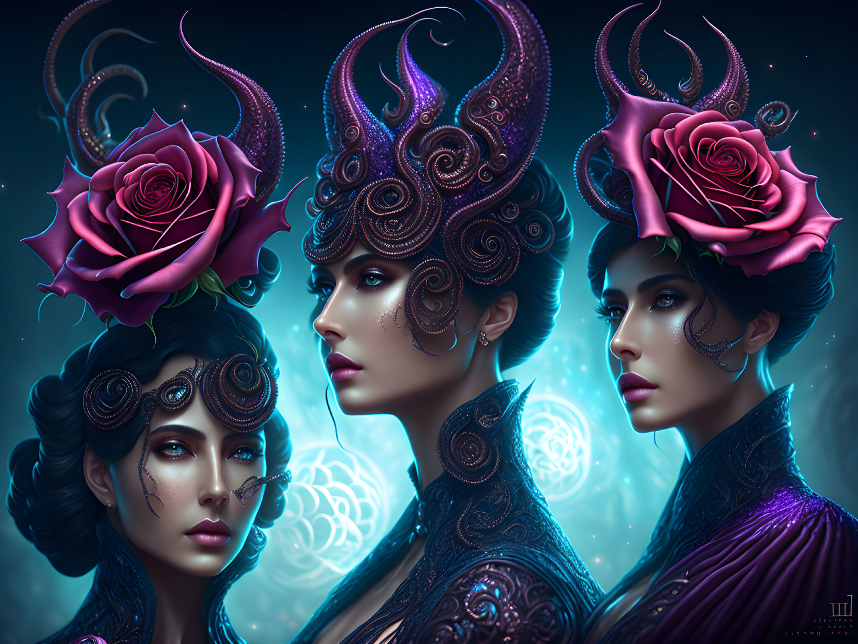 Three women in purple headpieces with roses on a mystical blue background.