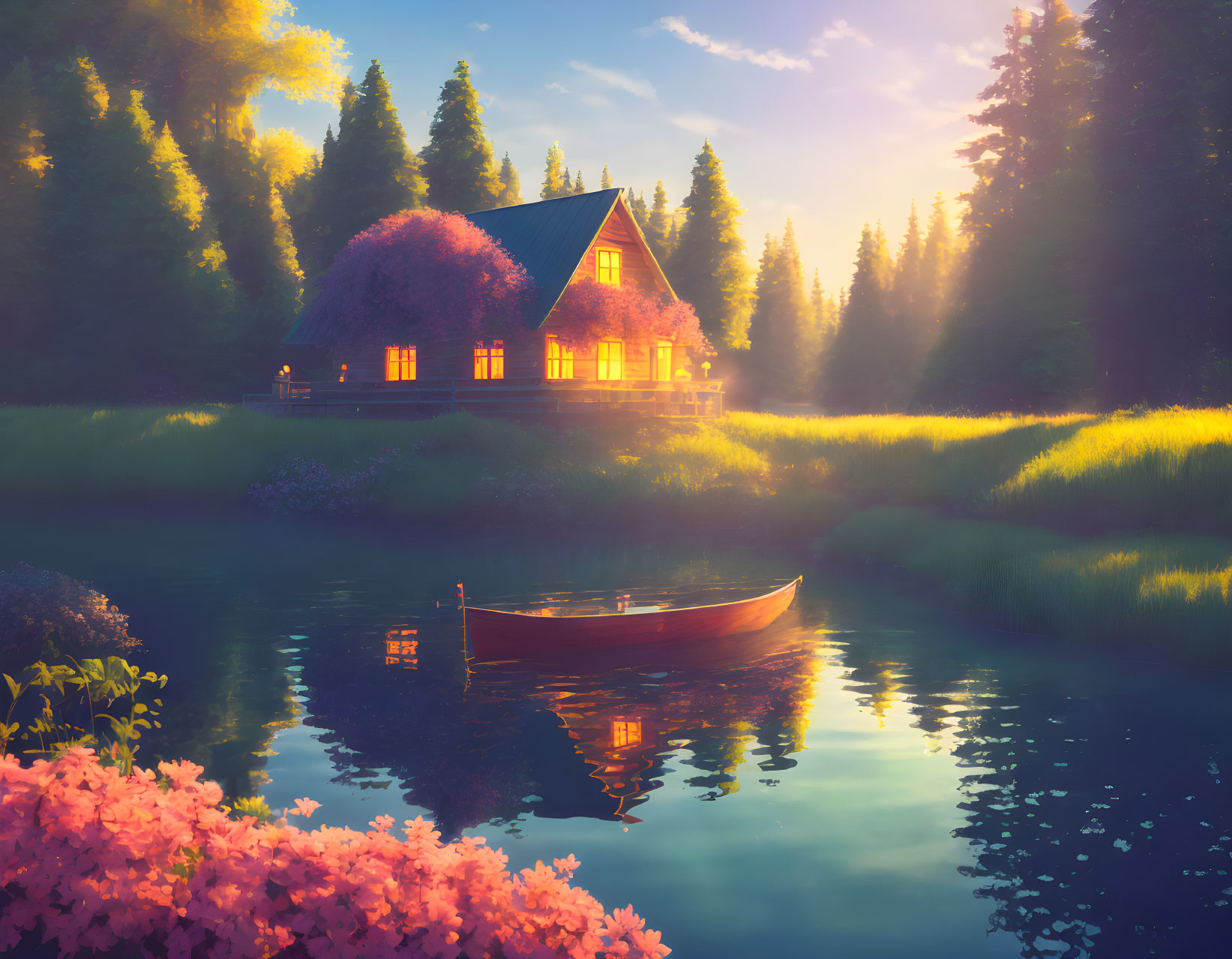 Tranquil cottage among lush trees by serene lake at sunset