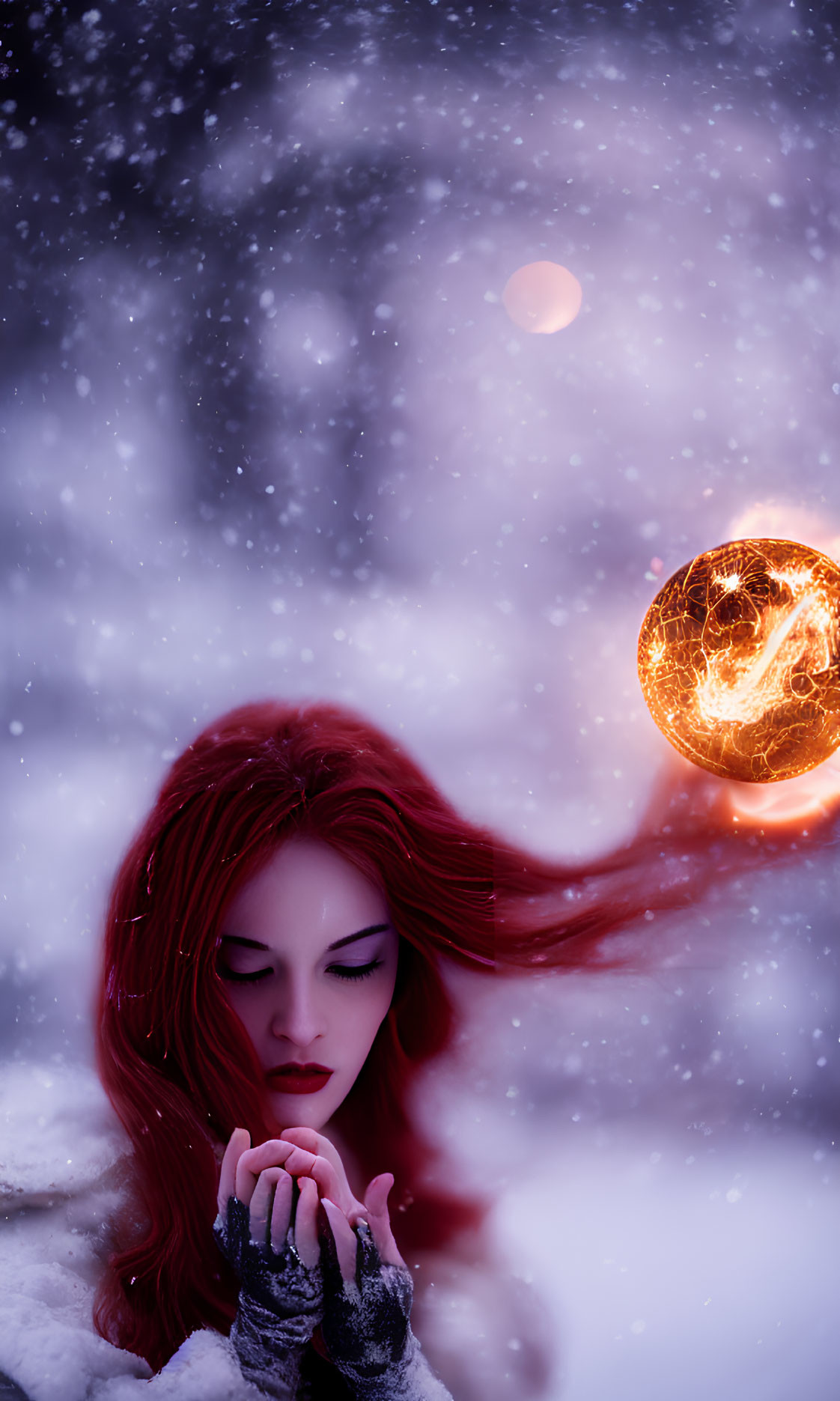 Red-haired woman holding glowing orb in snowy mystical setting