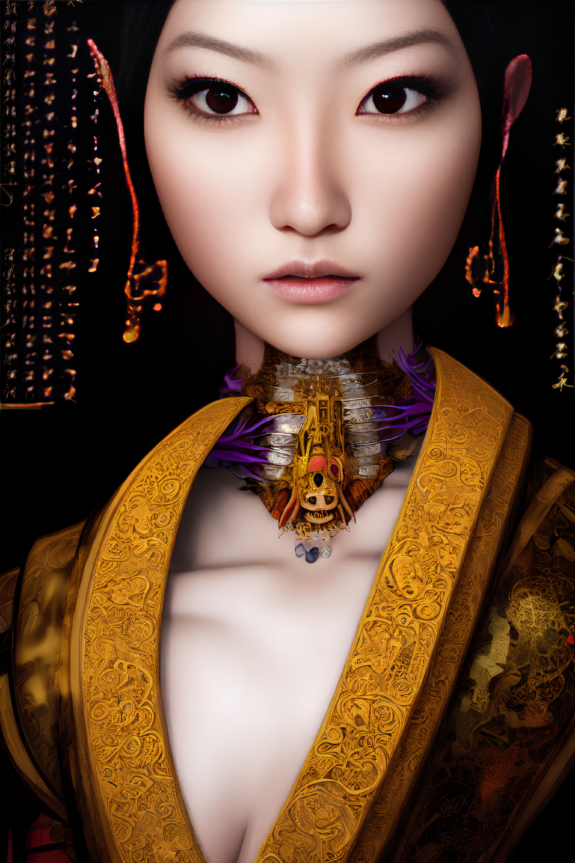 Digitally rendered portrait of woman in golden attire with detailed necklace on dark background.