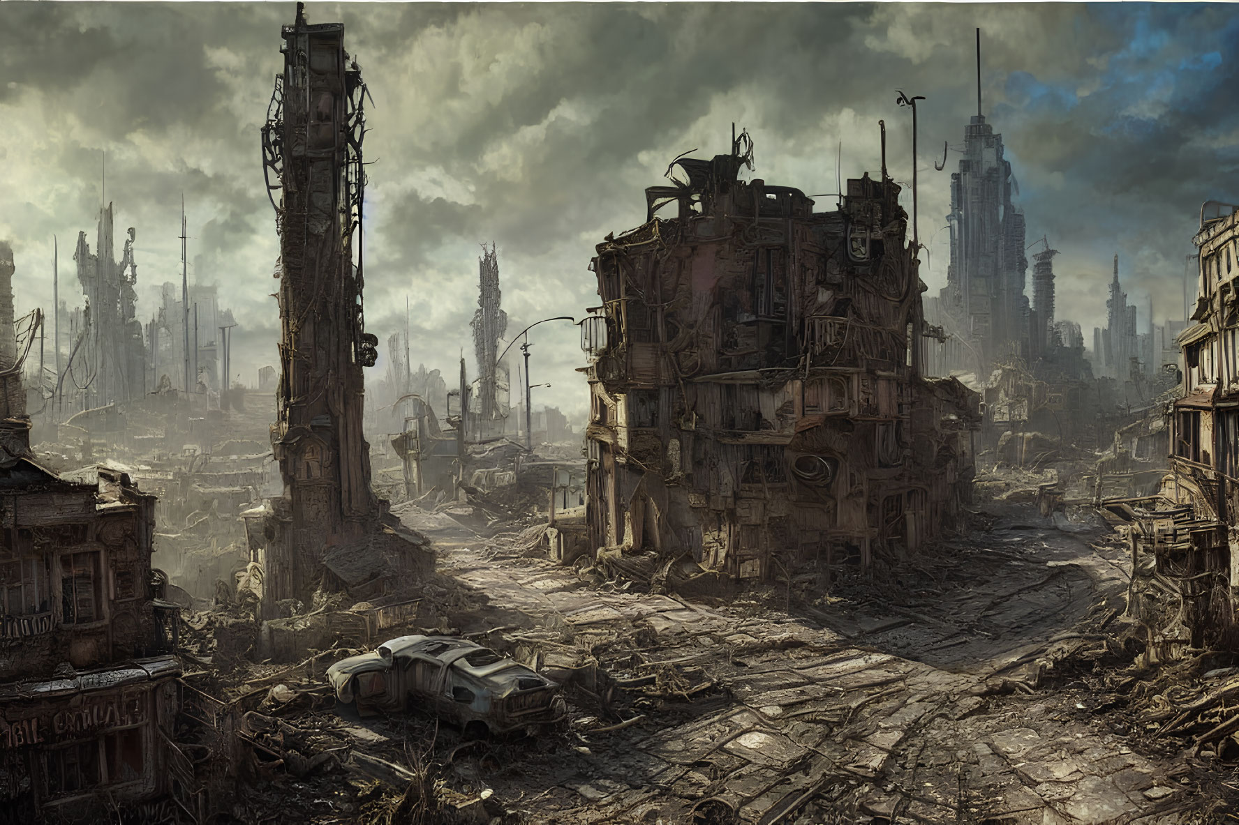 Dystopian landscape with crumbling buildings and desolate atmosphere